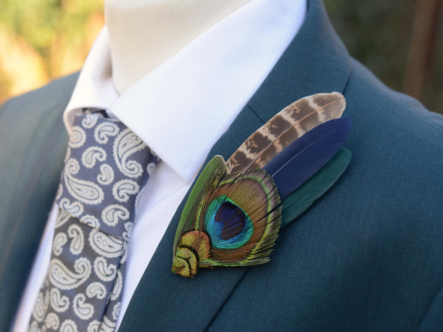 Green and Navy Peacock Feather Hat Pin / Lapel Pin No.158 | Unique Peacock Feather Boutonniere | Peacock Feather Brooch