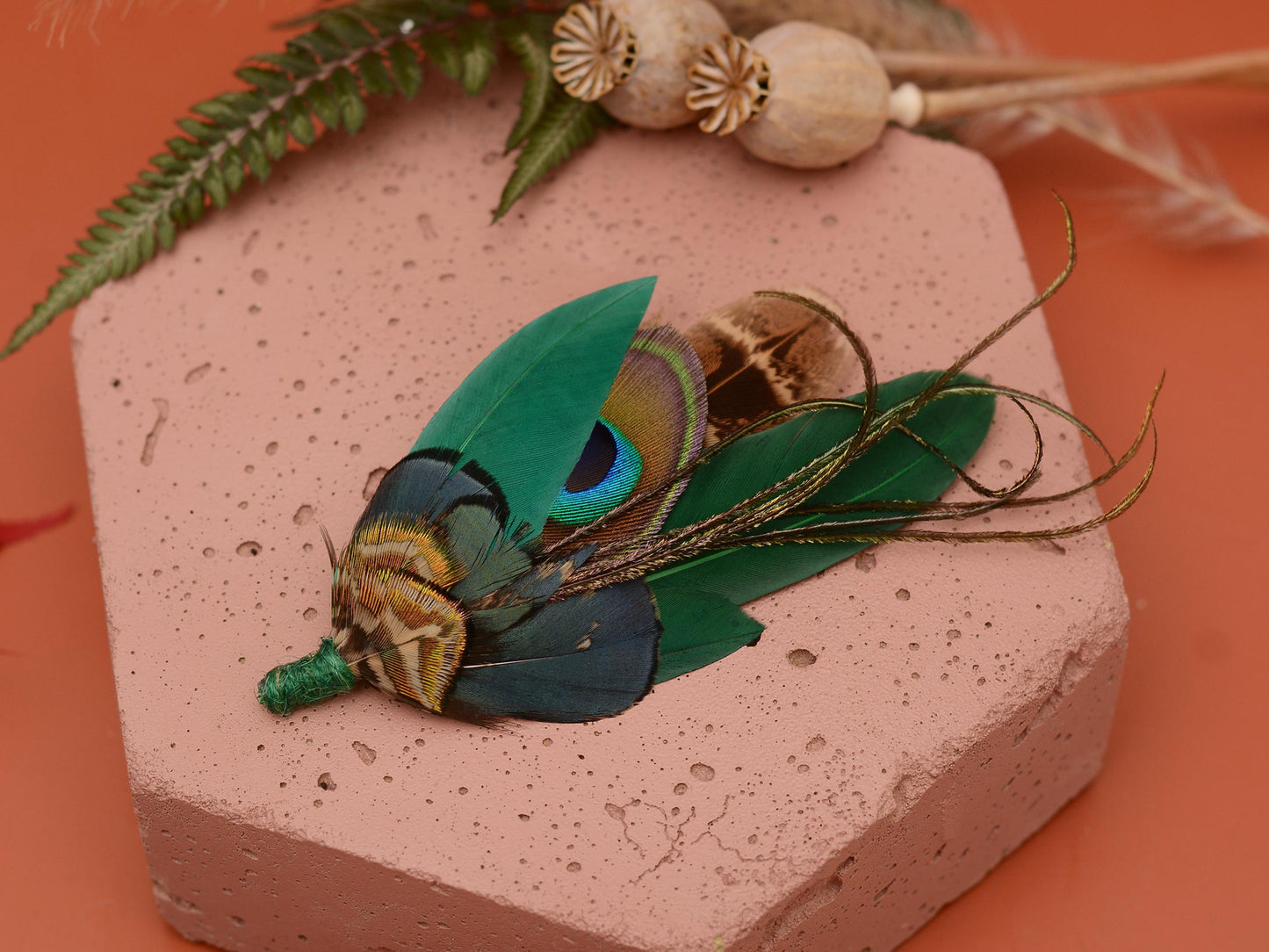 Green Peacock Feather Hat Pin / Brooch Pin No.273 | Feather Boutonniere | Pheasant Feather Brooch | Feather Hat Pin