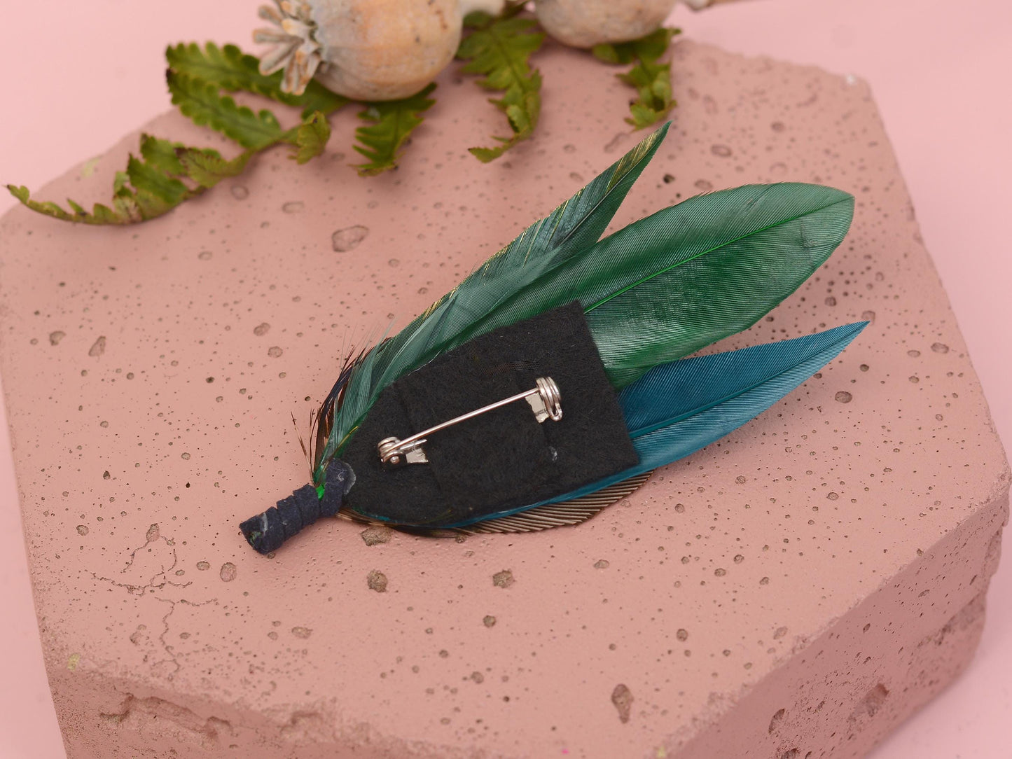 Peacock Gold and Green Feather Lapel Pin Small No.240 | Unique Peacock Feather Boutonniere | Pheasant Feather Brooch
