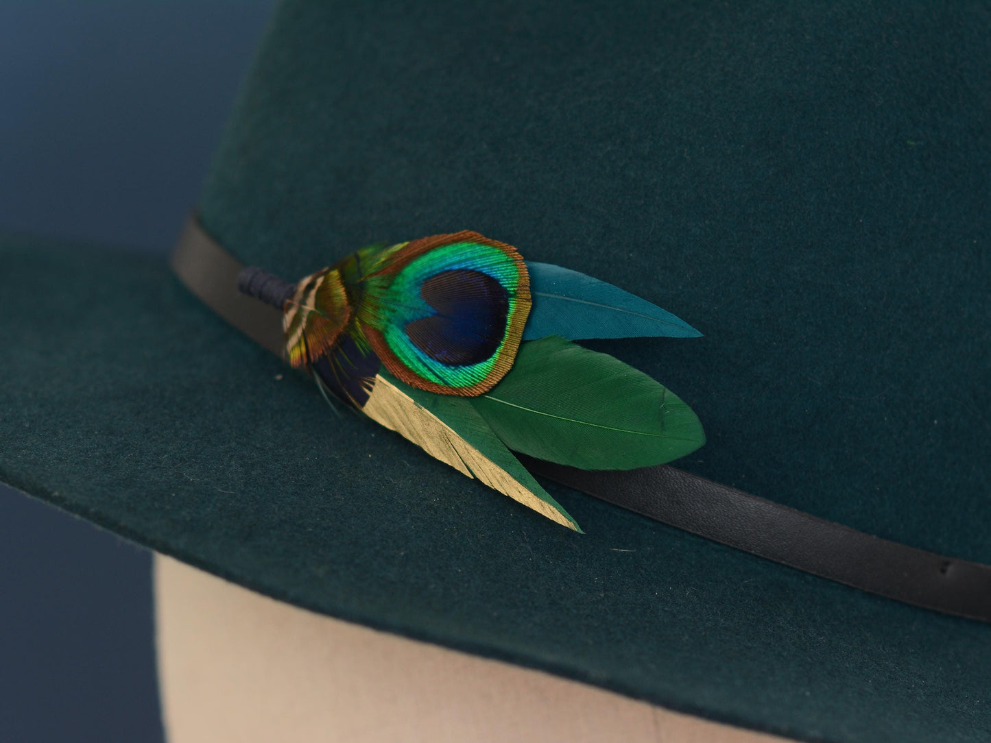 Peacock Gold and Green Feather Lapel Pin Small No.240 | Unique Peacock Feather Boutonniere | Pheasant Feather Brooch