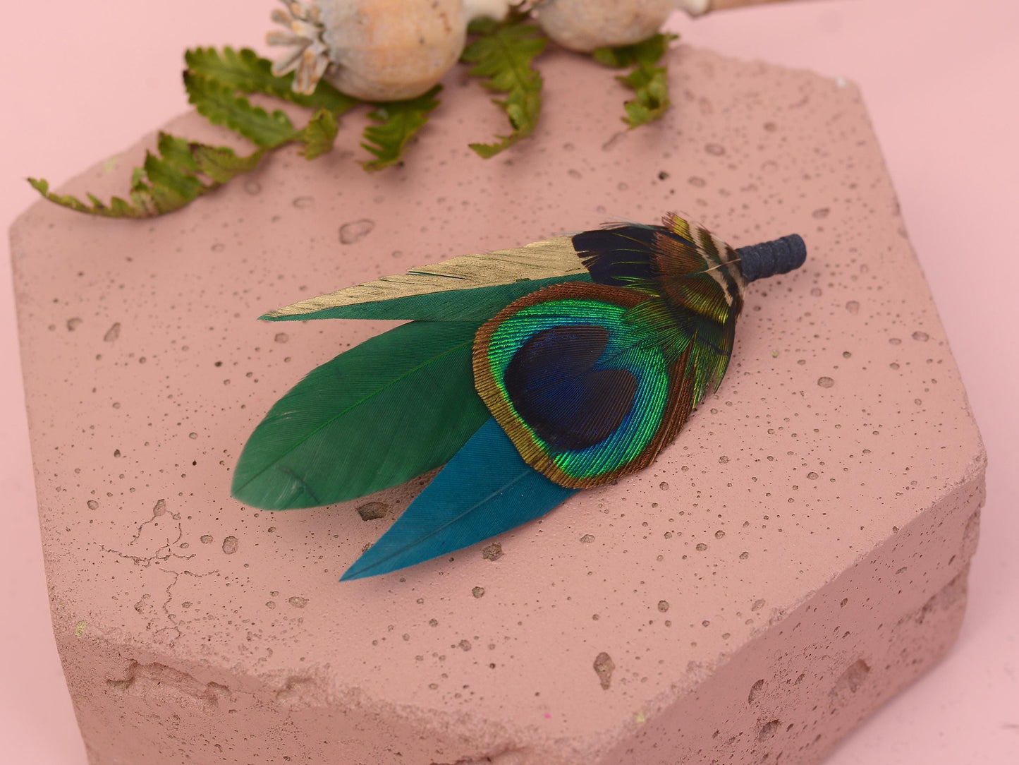 Peacock Gold and Green Feather Lapel Pin Small No.240 | Unique Peacock Feather Boutonniere | Pheasant Feather Brooch