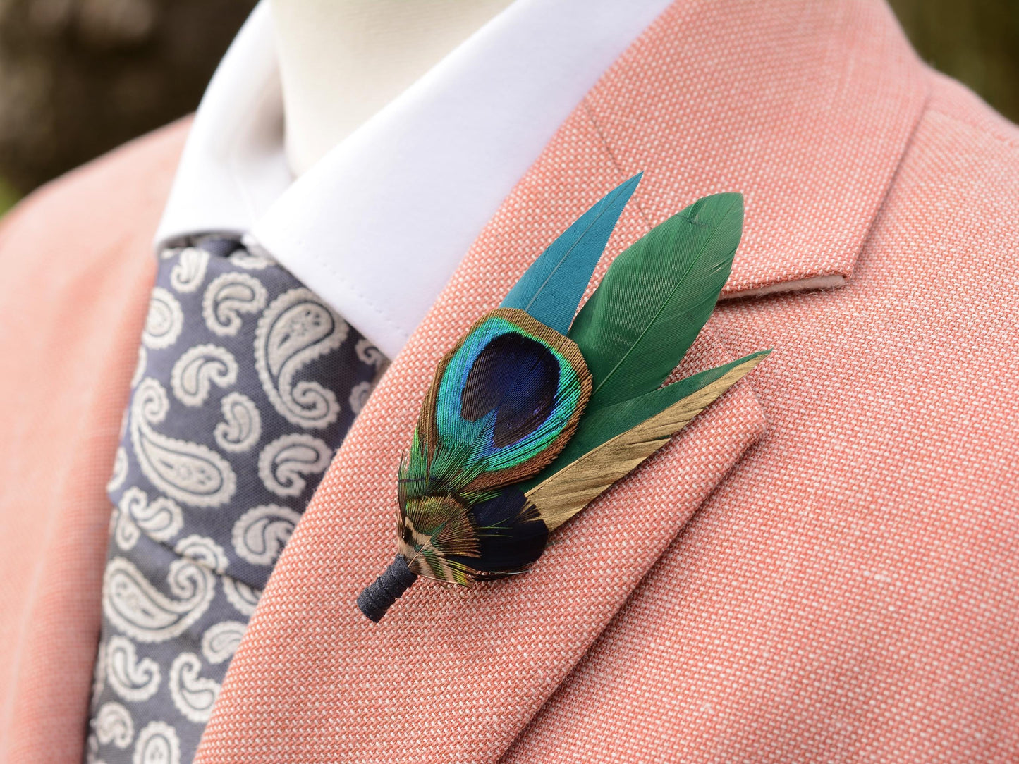 Peacock Gold and Green Feather Lapel Pin Small No.240 | Unique Peacock Feather Boutonniere | Pheasant Feather Brooch