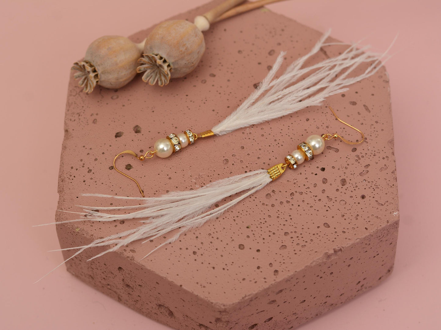Long White Ostrich Feather Earrings with Pearl and Crystal Detail in Gold
