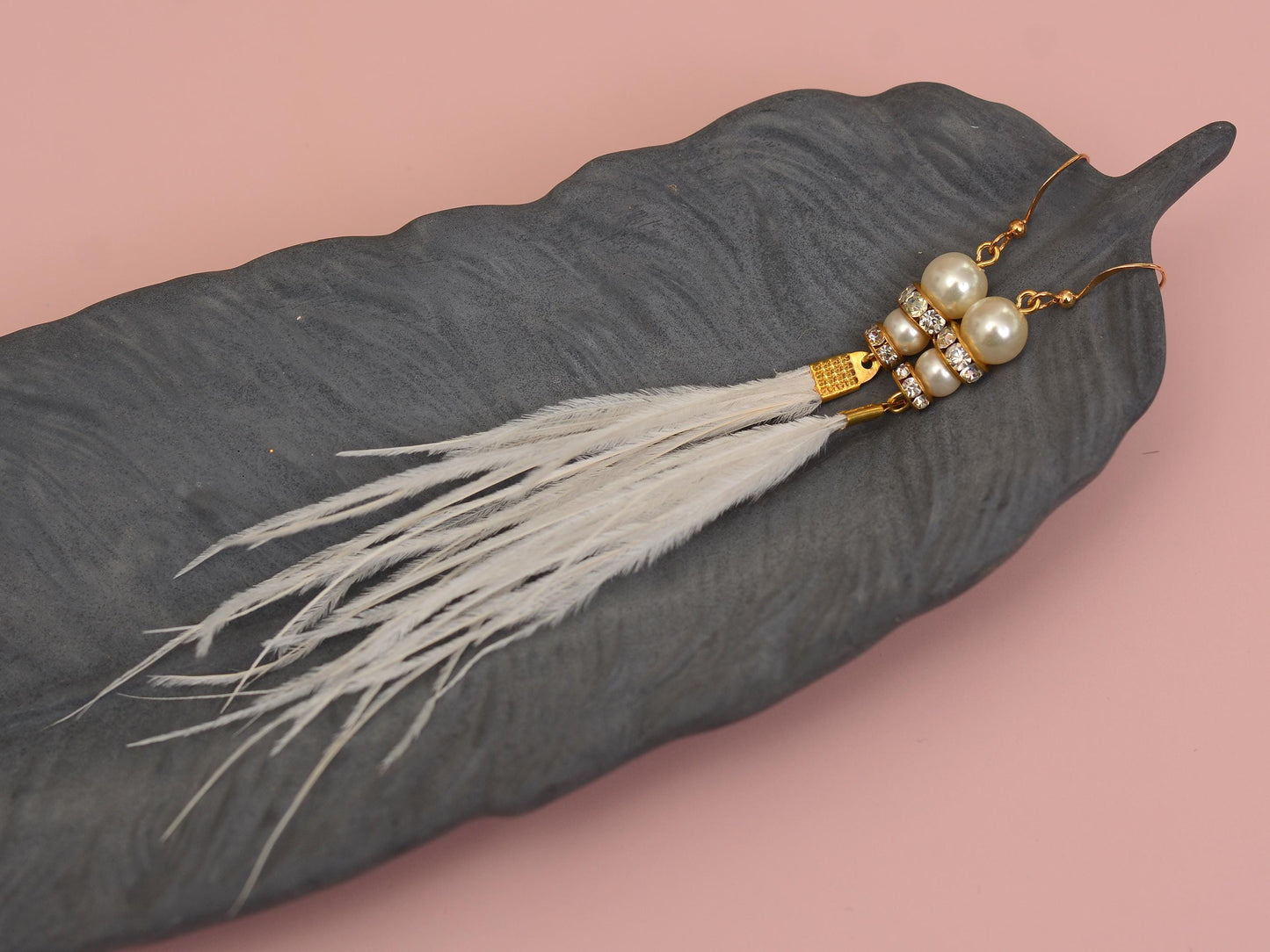 Long White Ostrich Feather Earrings with Pearl and Crystal Detail in Gold