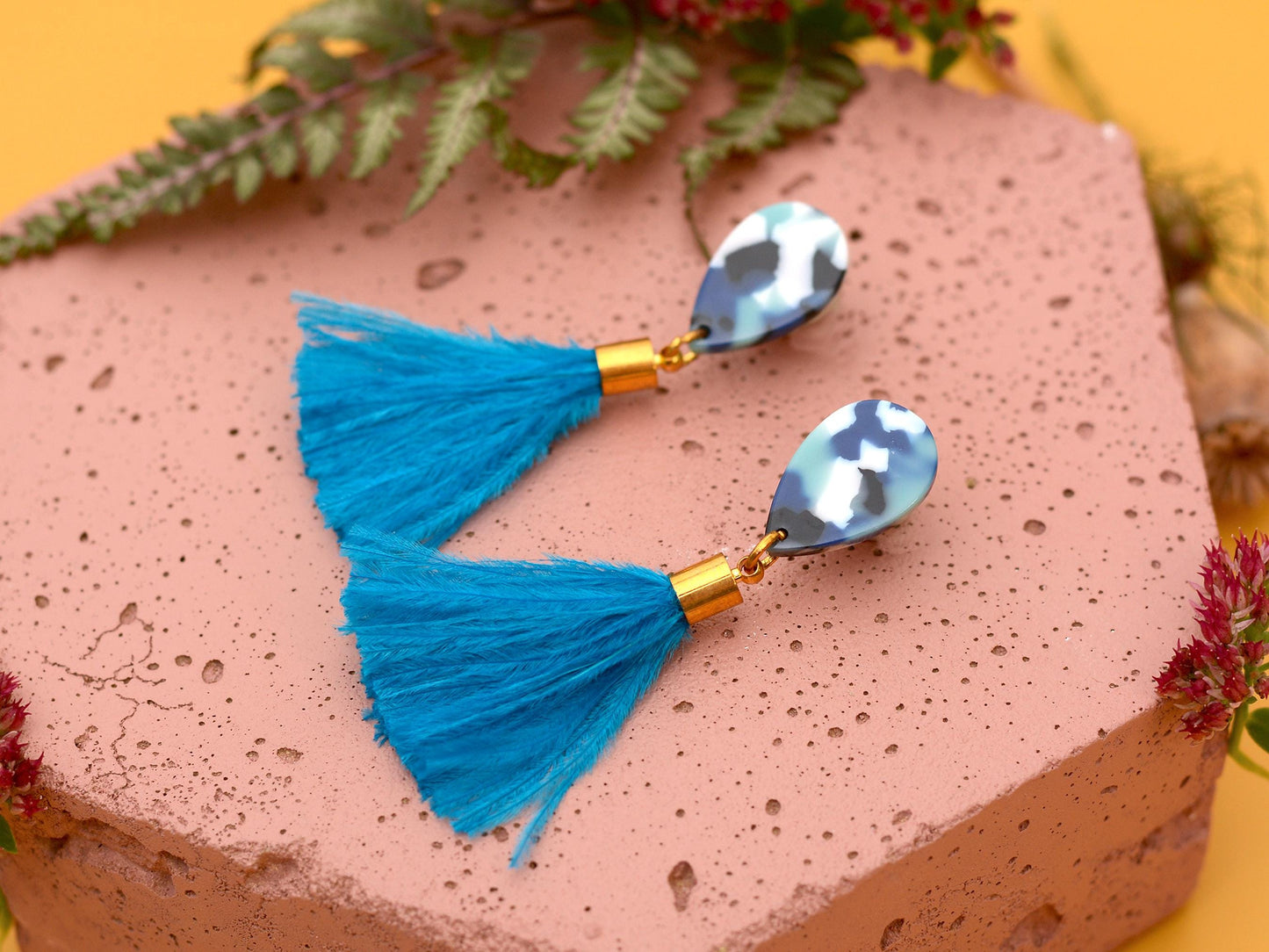 Sky Blue Teardrop Ostrich Feather Tassel Earrings