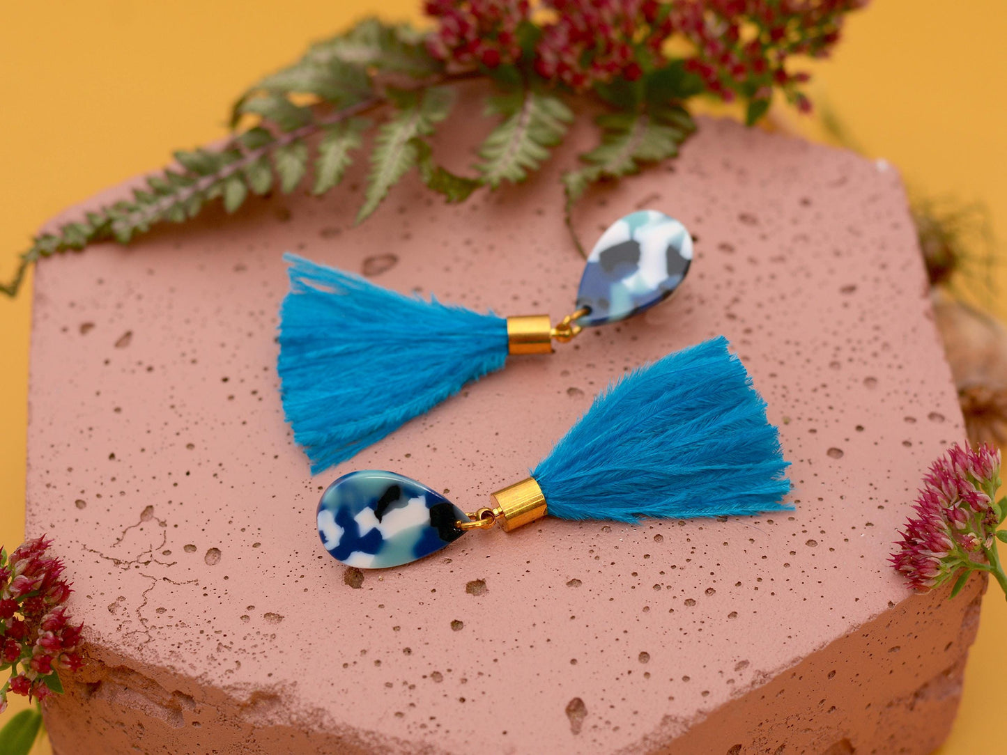 Sky Blue Teardrop Ostrich Feather Tassel Earrings