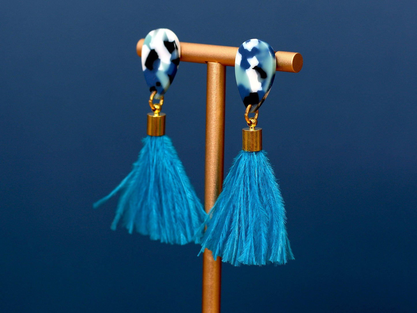 Sky Blue Teardrop Ostrich Feather Tassel Earrings