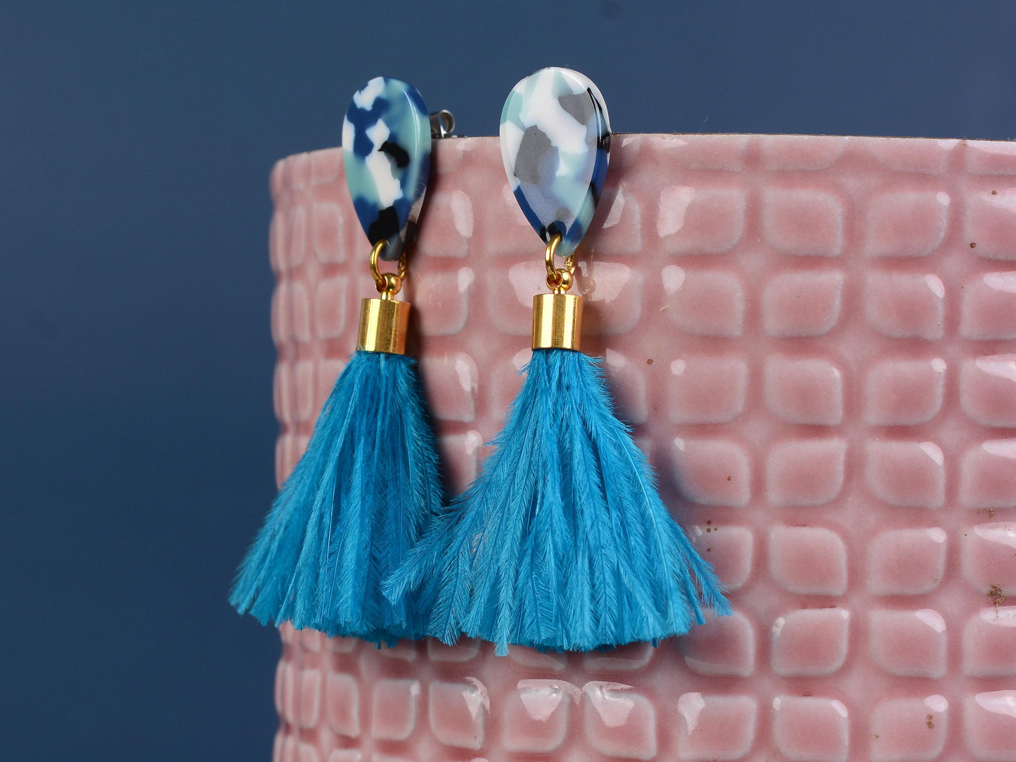 Sky Blue Teardrop Ostrich Feather Tassel Earrings