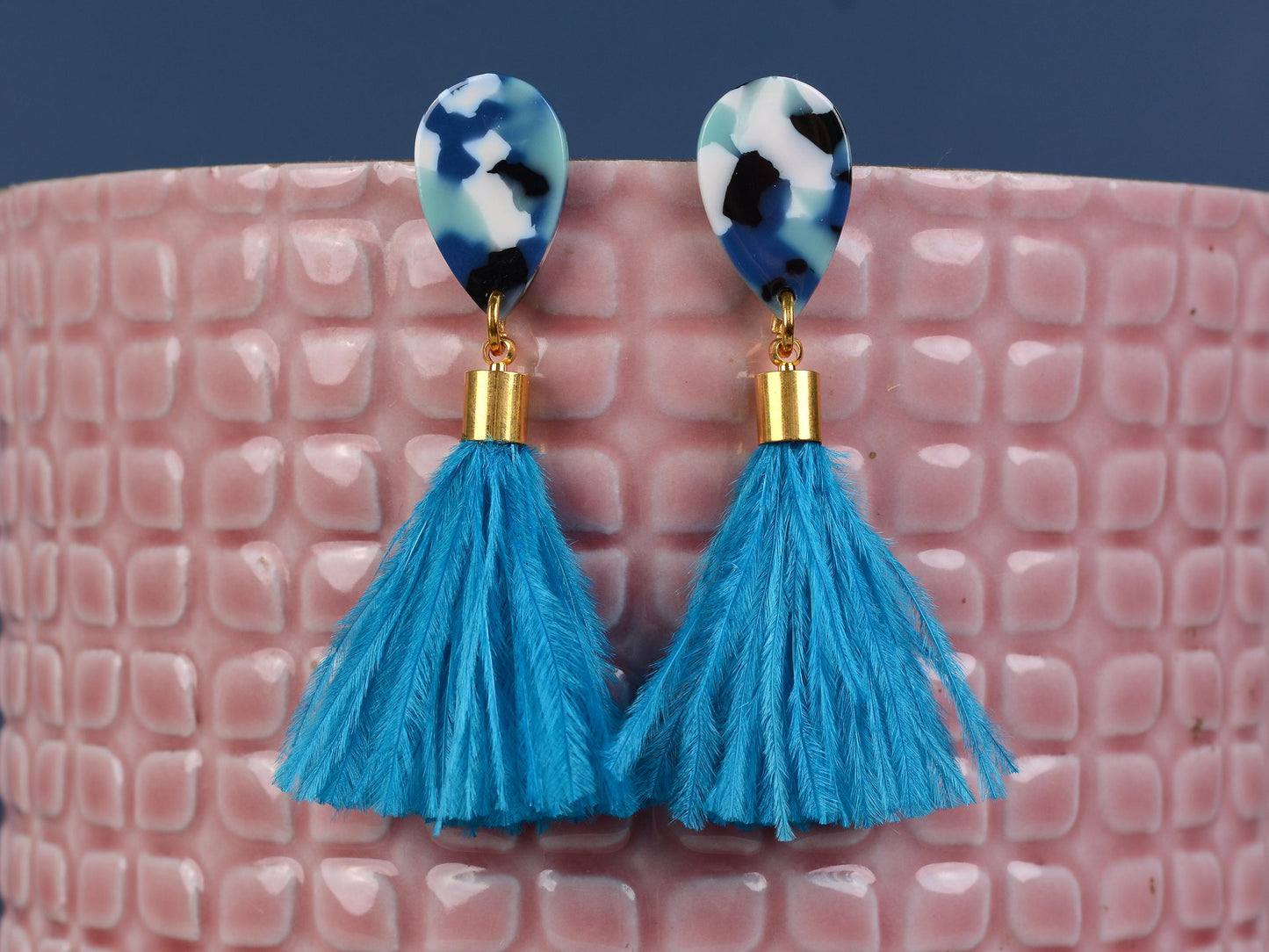 Sky Blue Teardrop Ostrich Feather Tassel Earrings