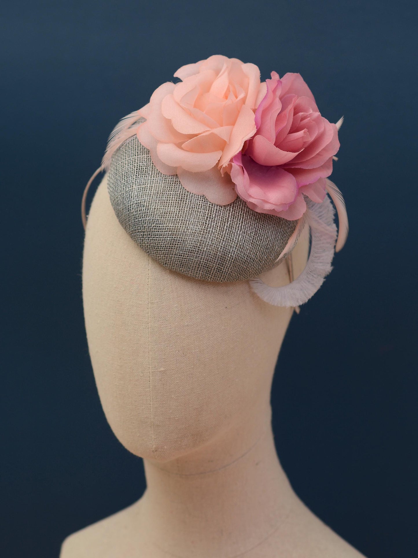 Grey and Pink Button Fascinator with Flowers and Feathers