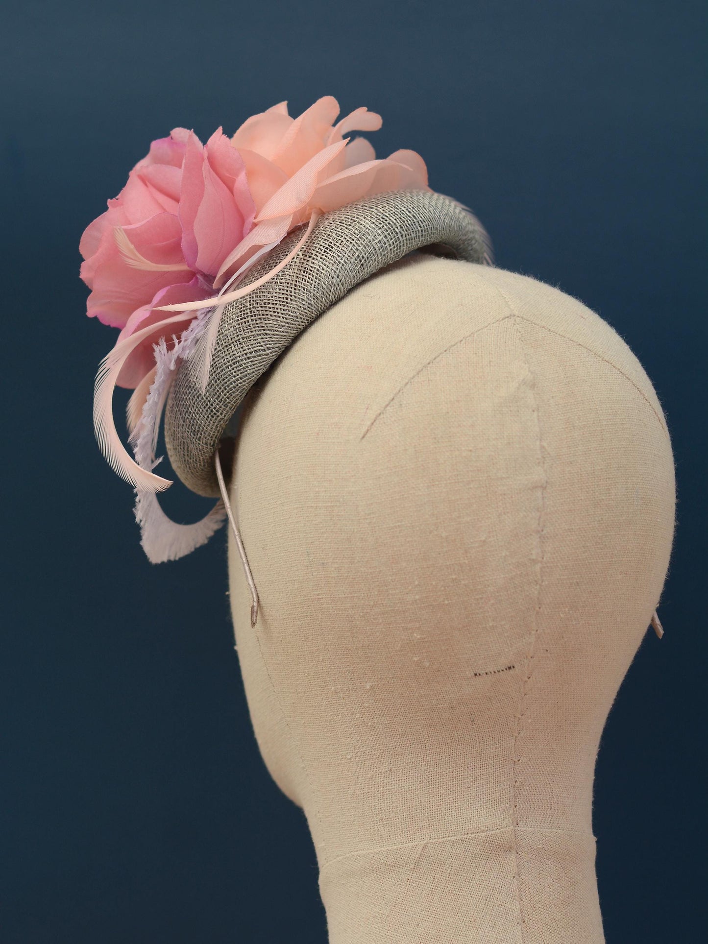 Grey and Pink Button Fascinator with Flowers and Feathers