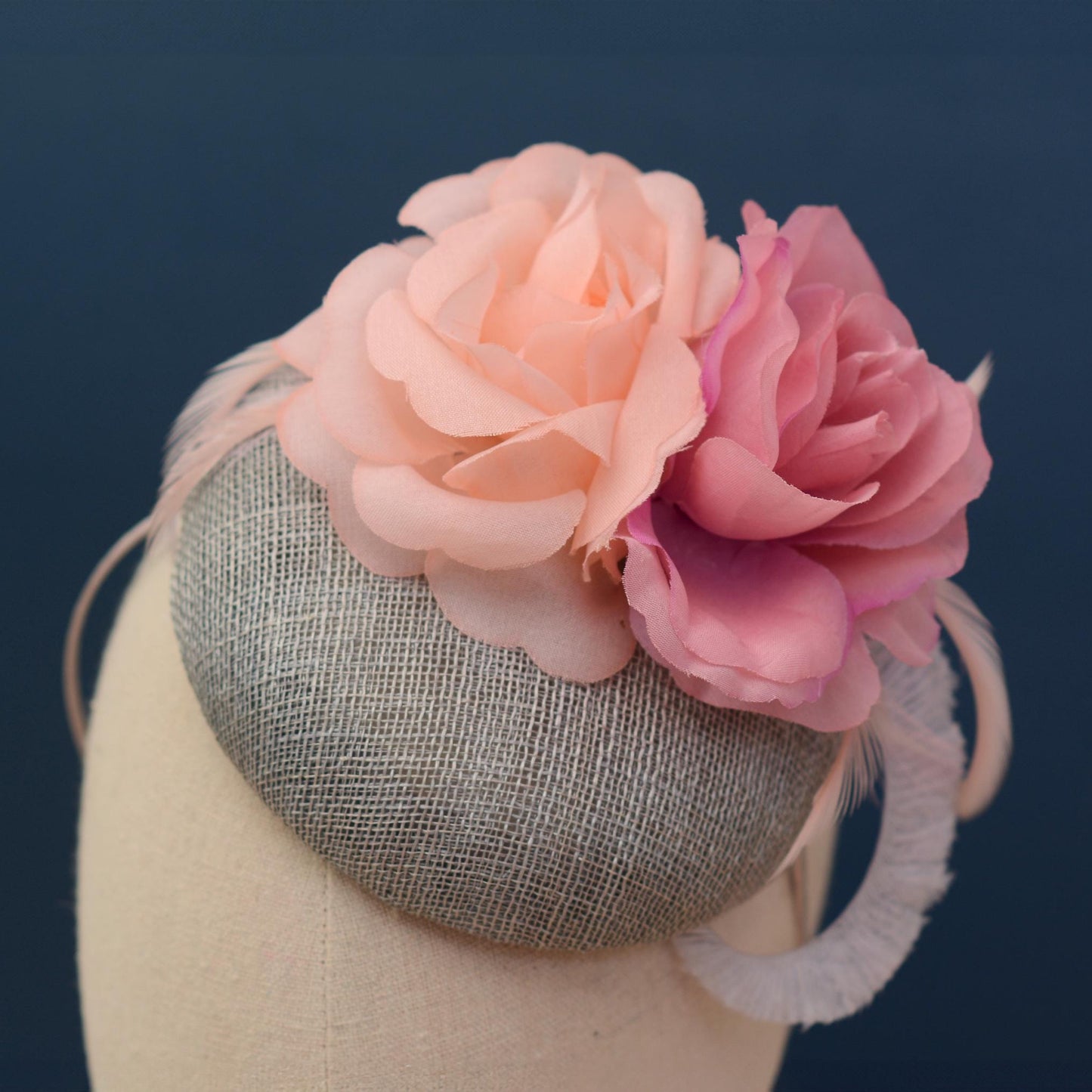 Grey and Pink Button Fascinator with Flowers and Feathers