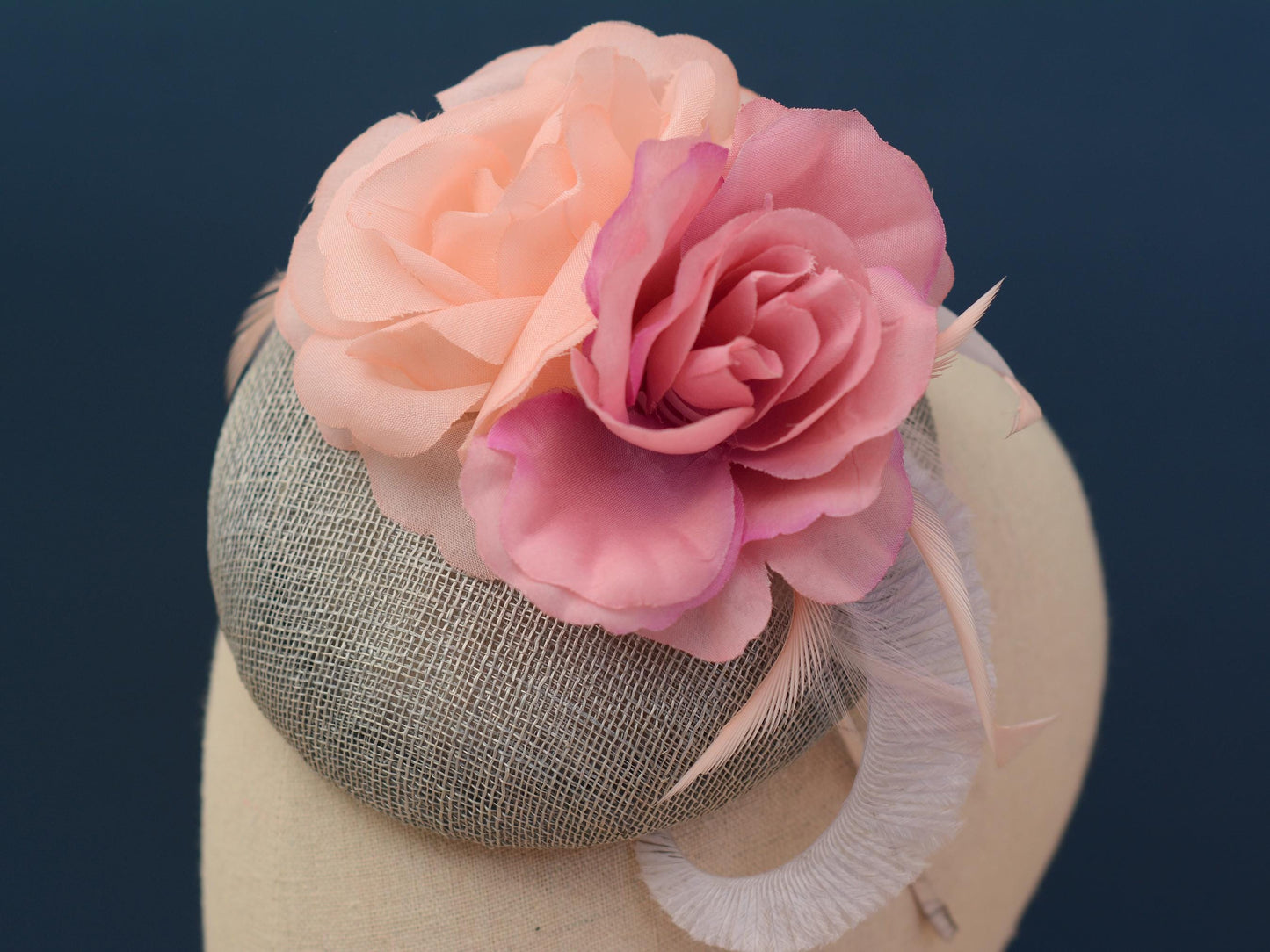 Grey and Pink Button Fascinator with Flowers and Feathers