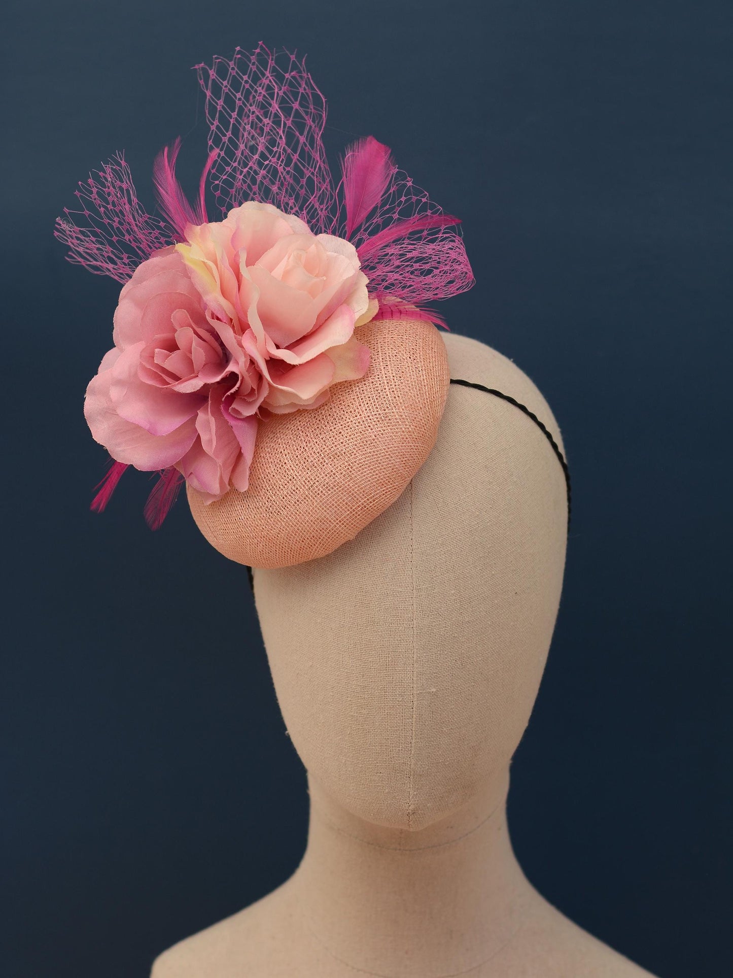 Grey and Pink Button Fascinator with Flowers and Feathers