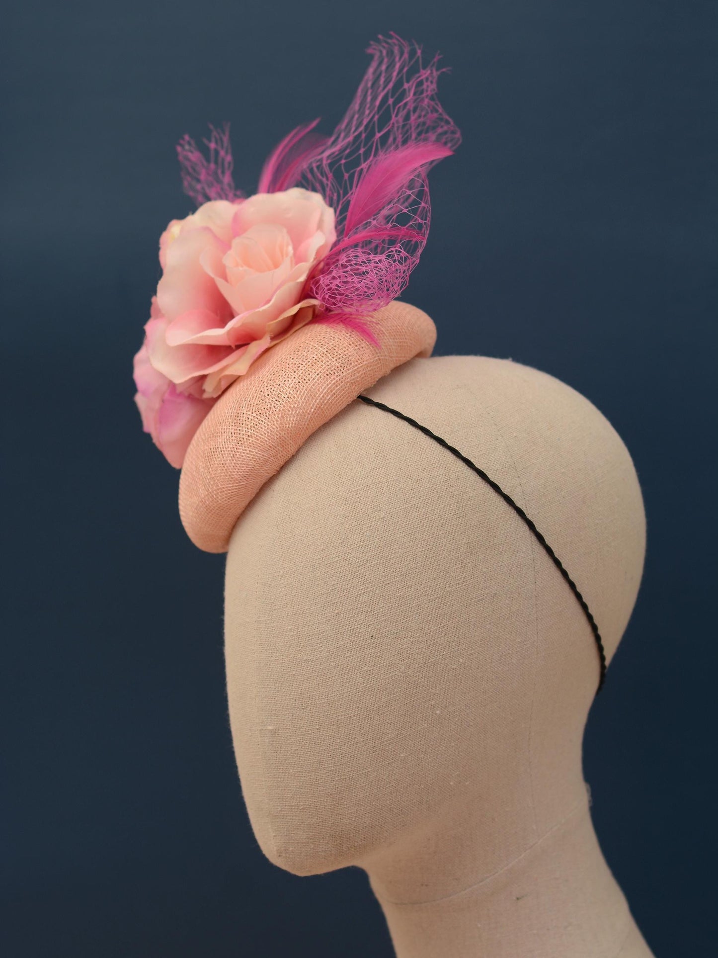 Grey and Pink Button Fascinator with Flowers and Feathers