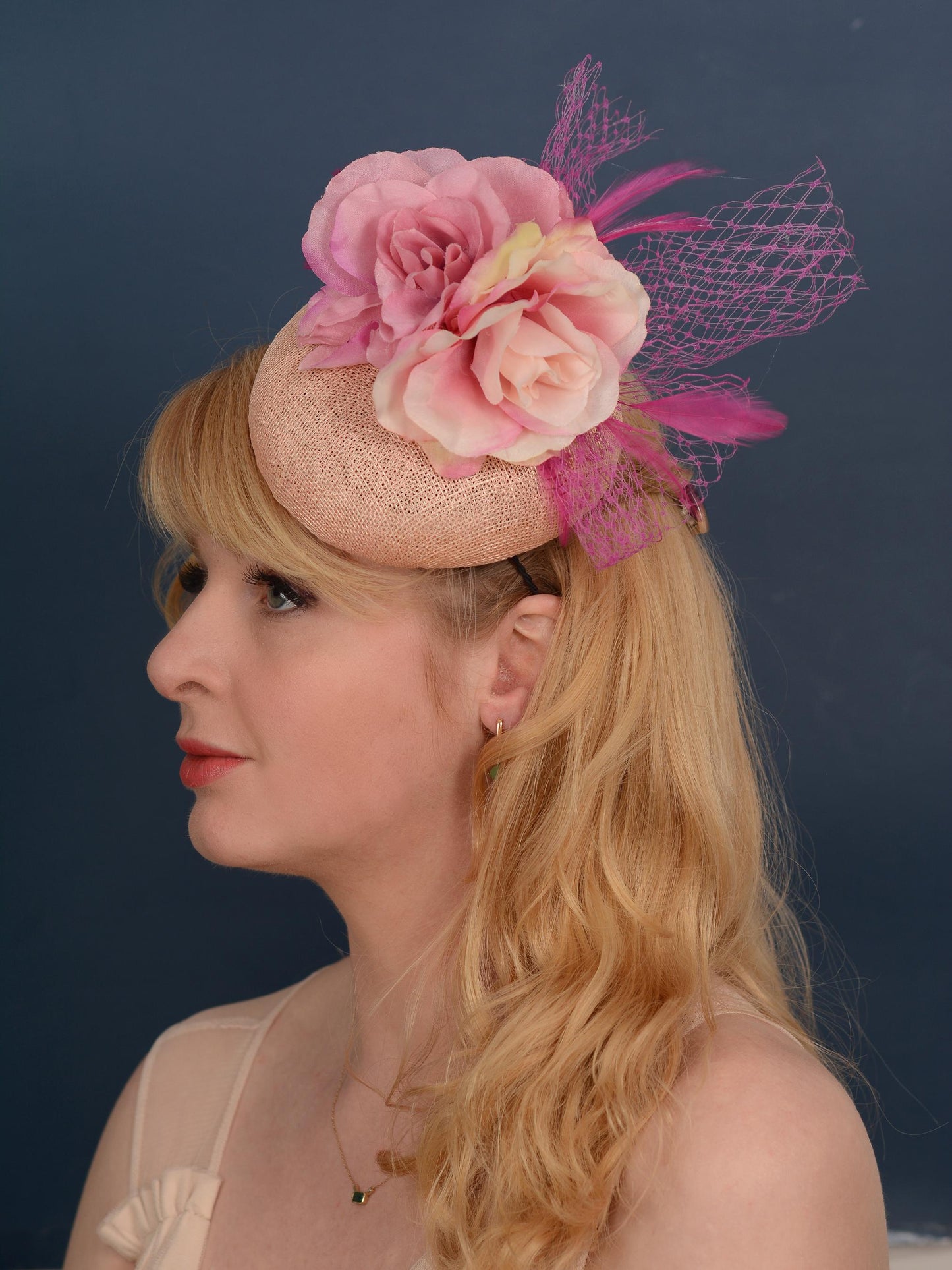 Grey and Pink Button Fascinator with Flowers and Feathers