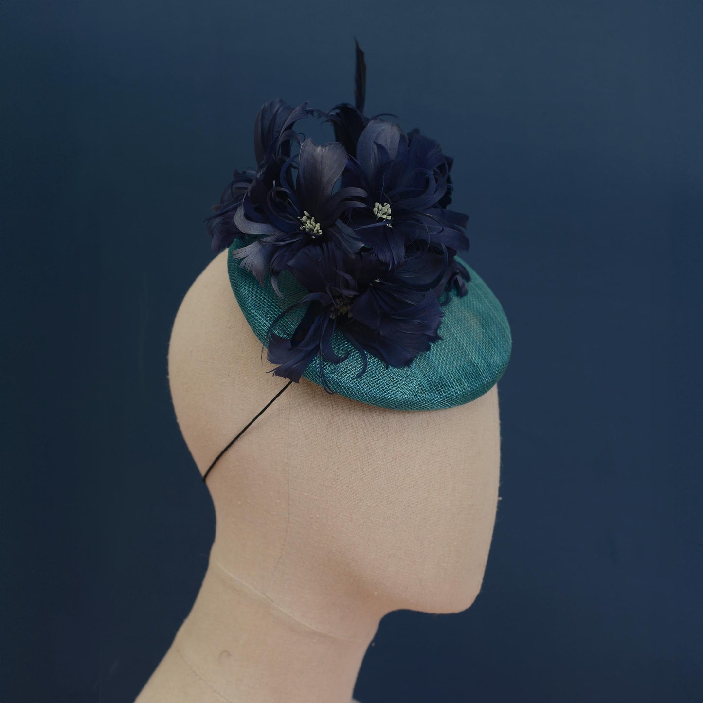 Navy Blue and Teal Feather Flower Button Hat Fascinator
