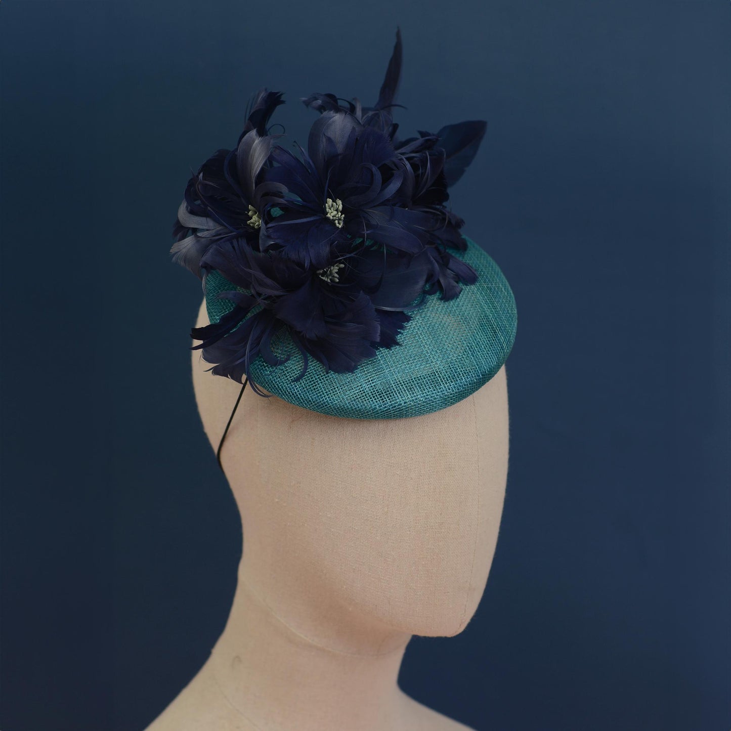 Navy Blue and Teal Feather Flower Button Hat Fascinator