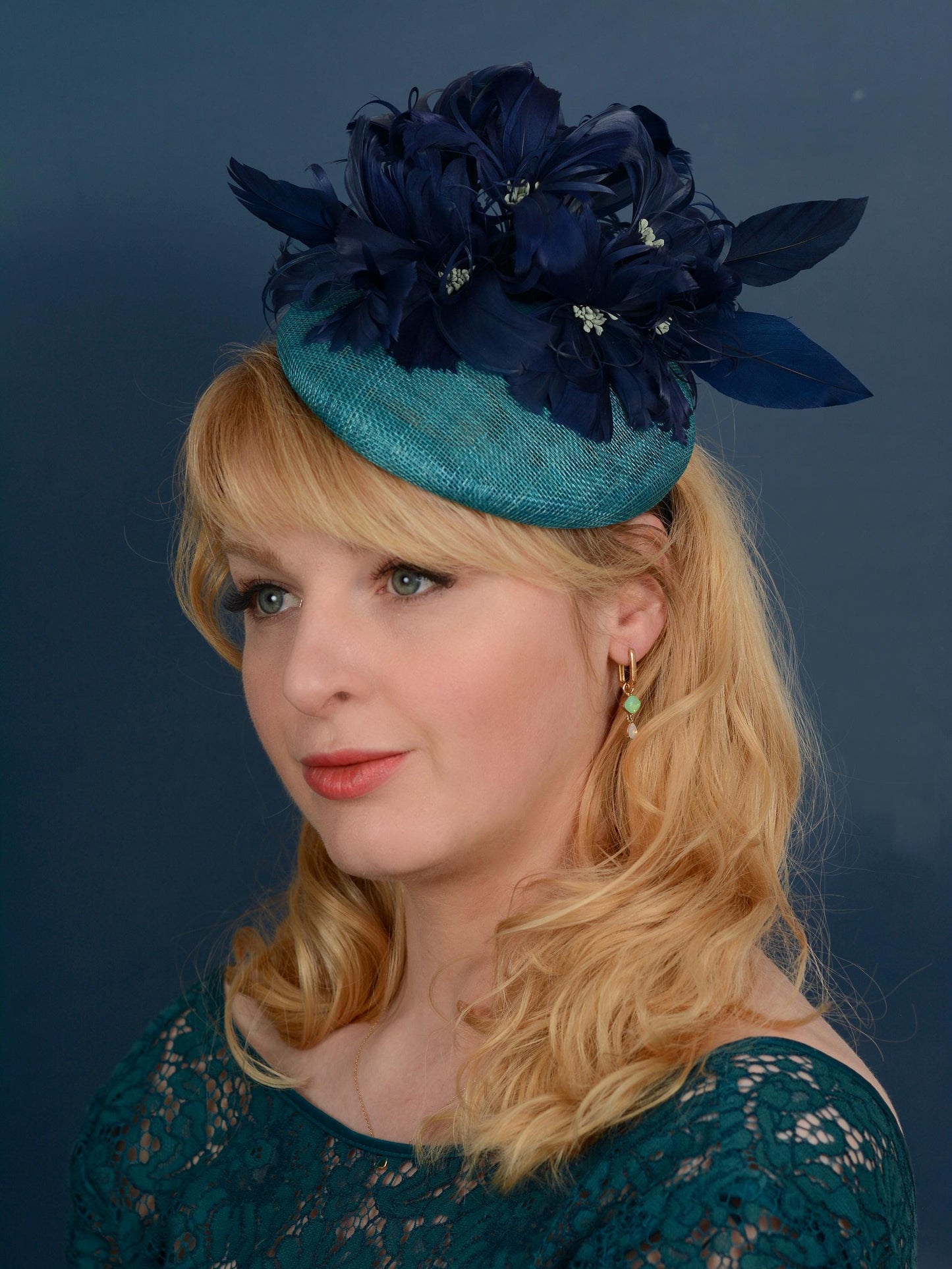 Navy Blue and Teal Feather Flower Button Hat Fascinator