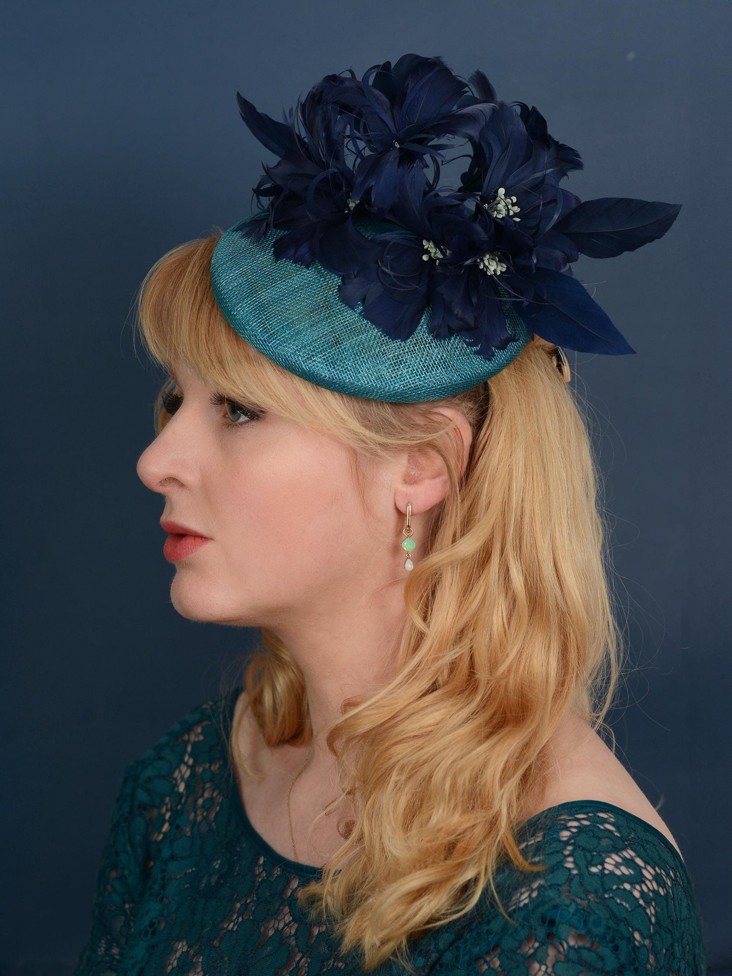 Navy Blue and Teal Feather Flower Button Hat Fascinator