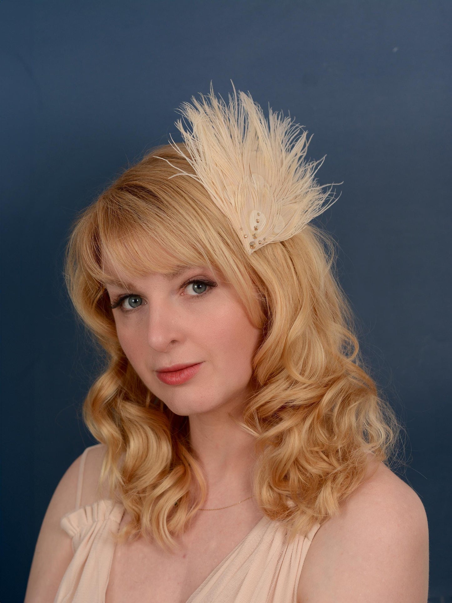 Feather Fascinator in Ivory Peacock with Swarovski Crystal Detail | Bridal Feather Hair Clip | Bridal Feather Hairpiece | Bridal Headpiece