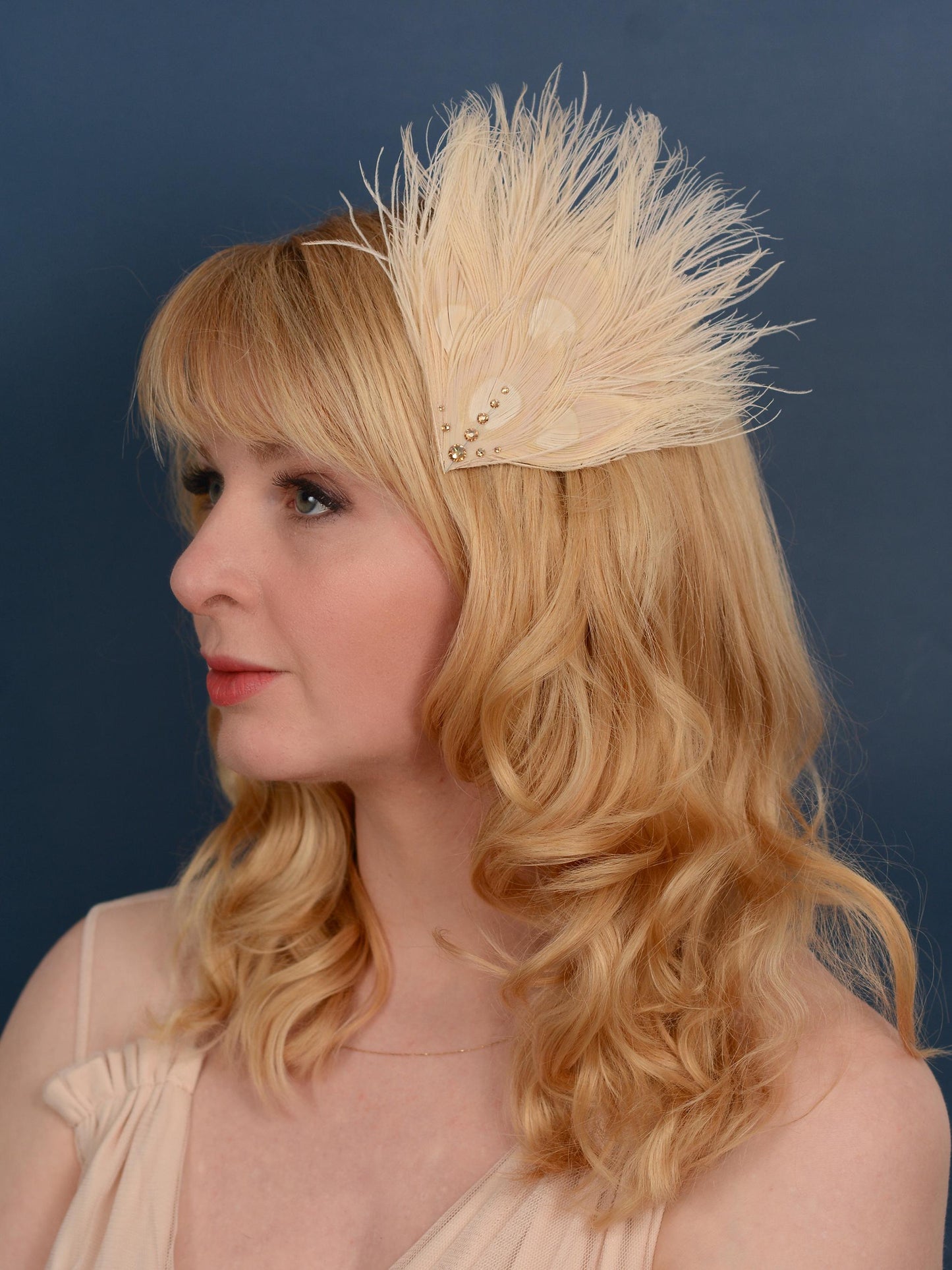 Feather Fascinator in Ivory Peacock with Swarovski Crystal Detail | Bridal Feather Hair Clip | Bridal Feather Hairpiece | Bridal Headpiece