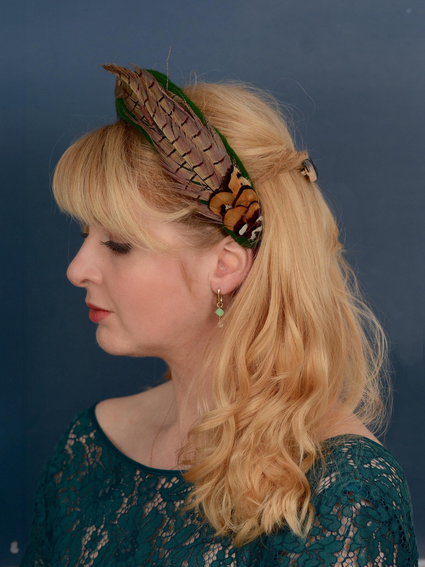 Pheasant Feather and Geen Wool Bandeau Headband Fascinator