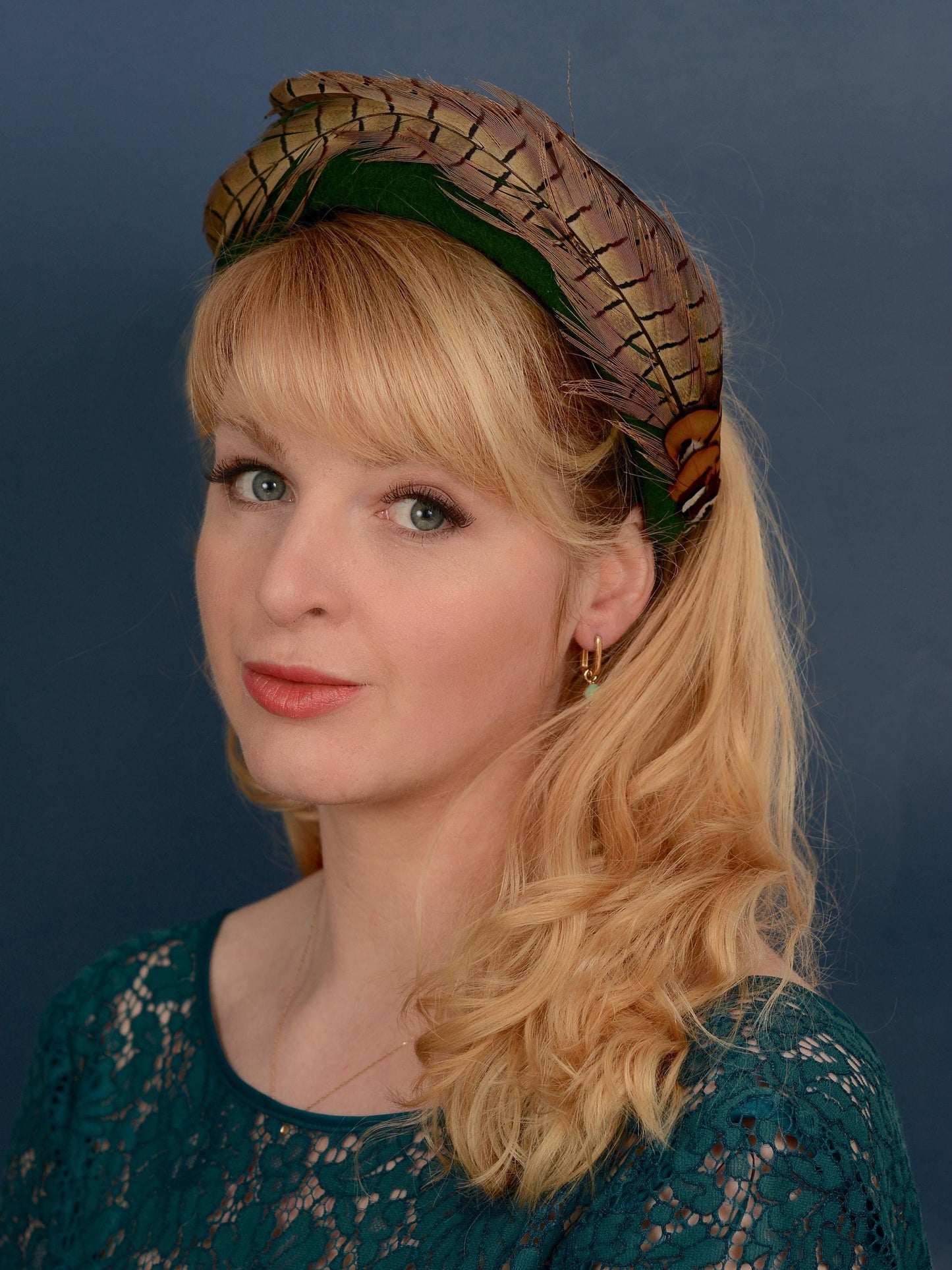 Pheasant Feather and Geen Wool Bandeau Headband Fascinator