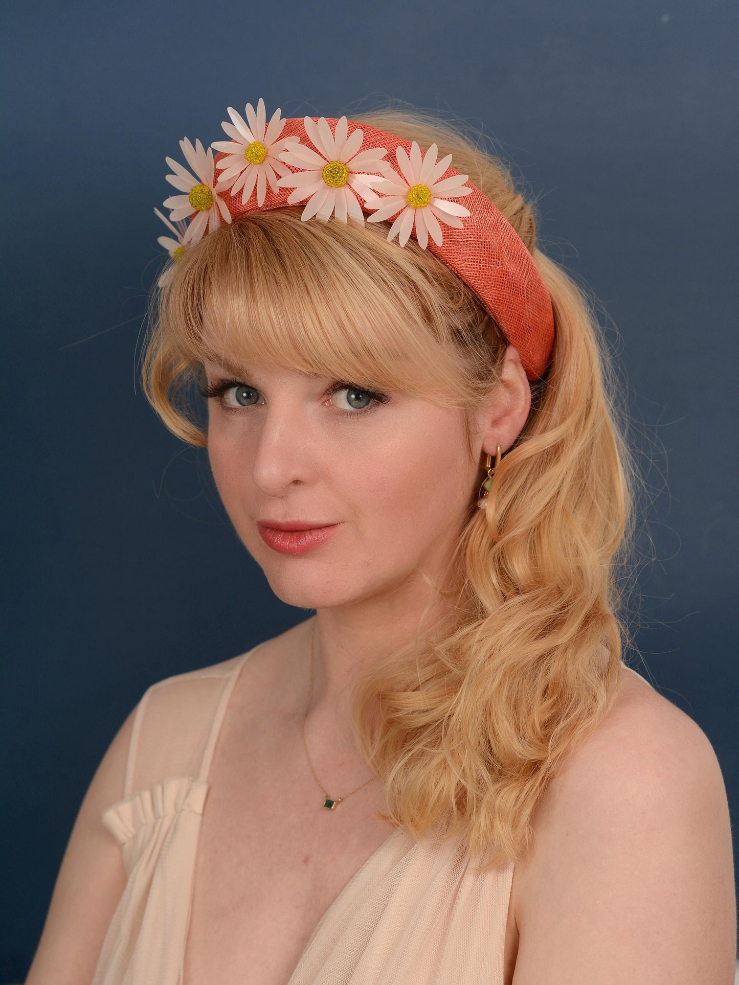 Coral Pink and Sequin Daisy Bandeau Headband Fascinator | Feather Hat | Wedding Fascinator