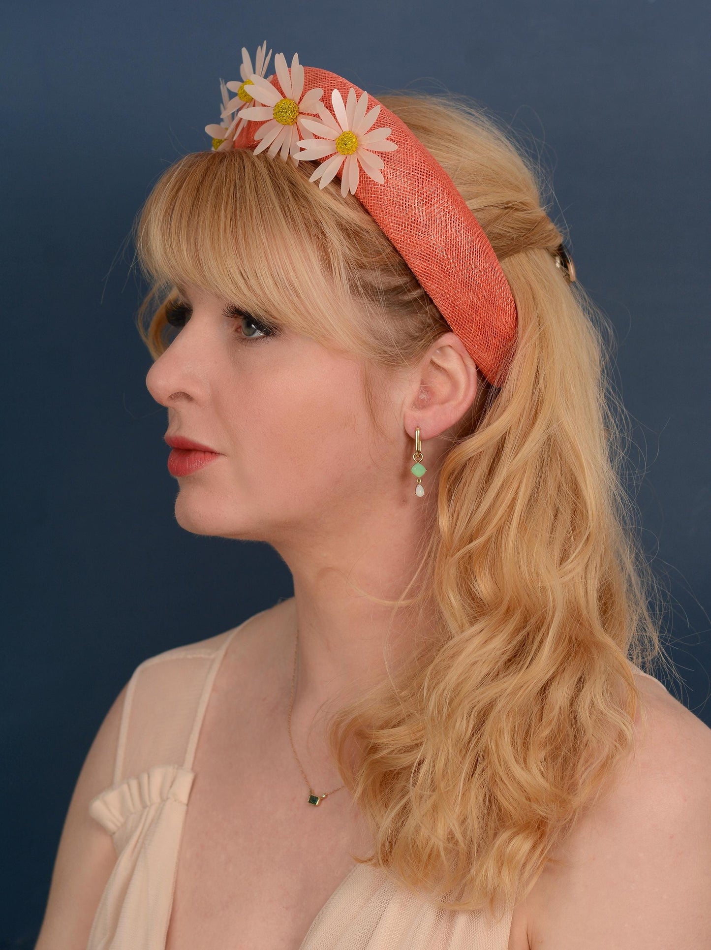 Coral Pink and Sequin Daisy Bandeau Headband Fascinator | Feather Hat | Wedding Fascinator