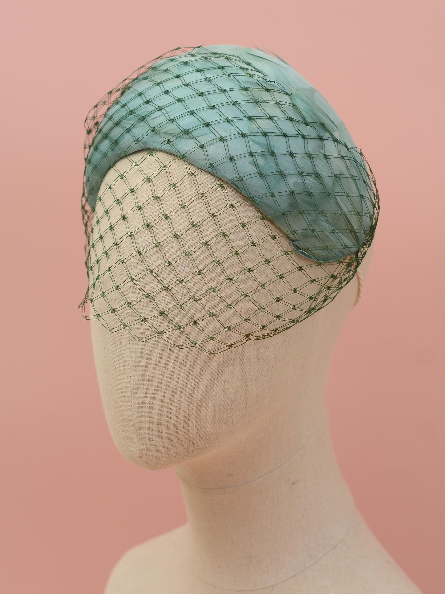 Luxury Sage Green Goose Feather Bandeau Headband Fascinator with Vintage Veiling | Feather Hat | Wedding Fascinator