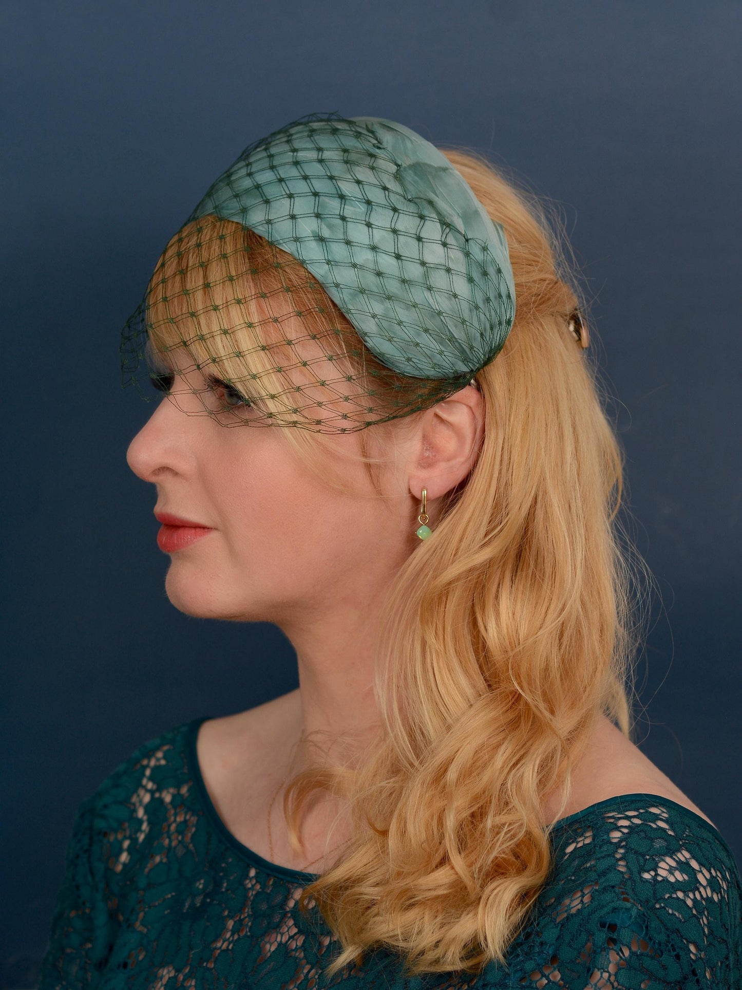 Luxury Sage Green Goose Feather Bandeau Headband Fascinator with Vintage Veiling | Feather Hat | Wedding Fascinator