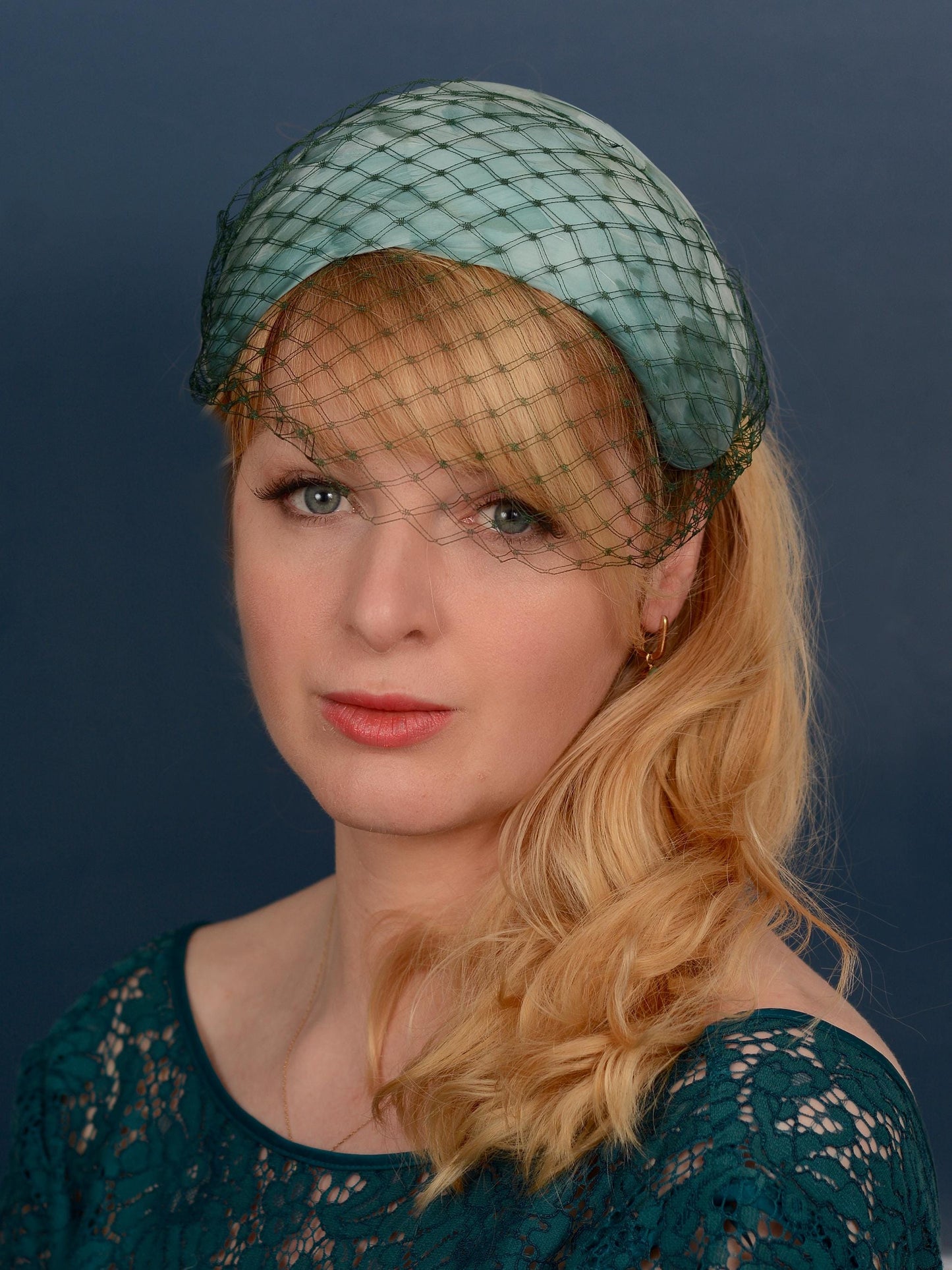 Luxury Sage Green Goose Feather Bandeau Headband Fascinator with Vintage Veiling | Feather Hat | Wedding Fascinator