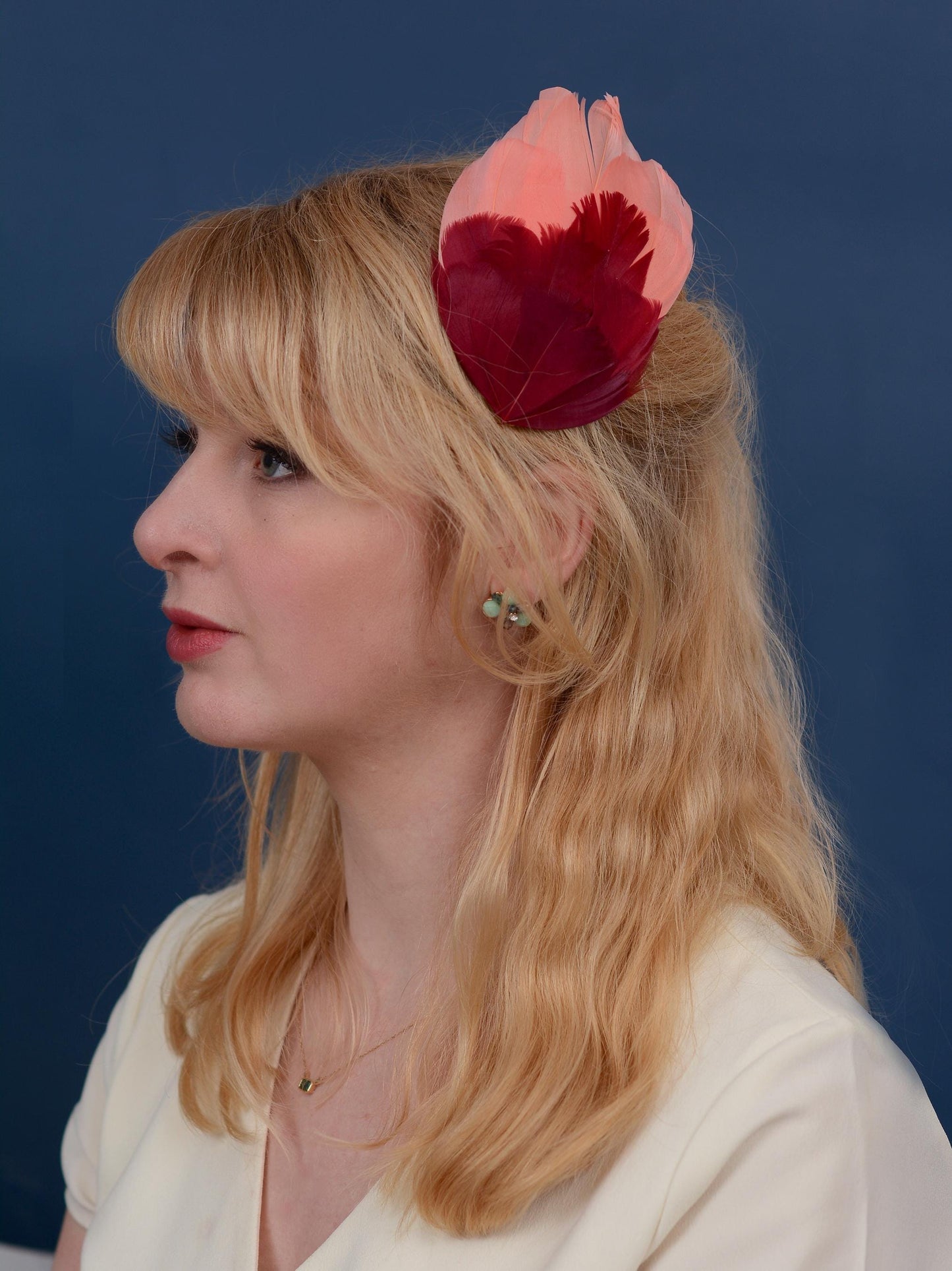 Large Feather Hair Clip in Coral Pink and Crimson No.38 | Feather Fascinator | Feather Headpiece | Wedding Fascinator | Bridal Headpiece