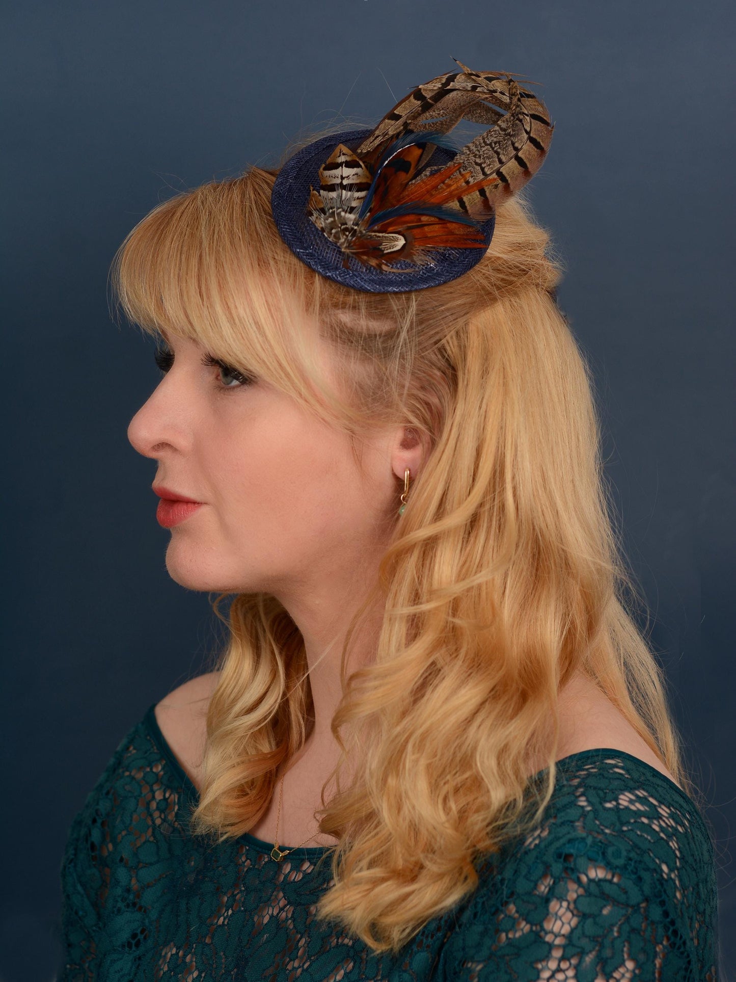 Navy Blue and Pheasant Feather Fascinator | Navy Blue Feather Hat | Wedding Fascinator | Gold Fascinator | Navy Blue Fascinator