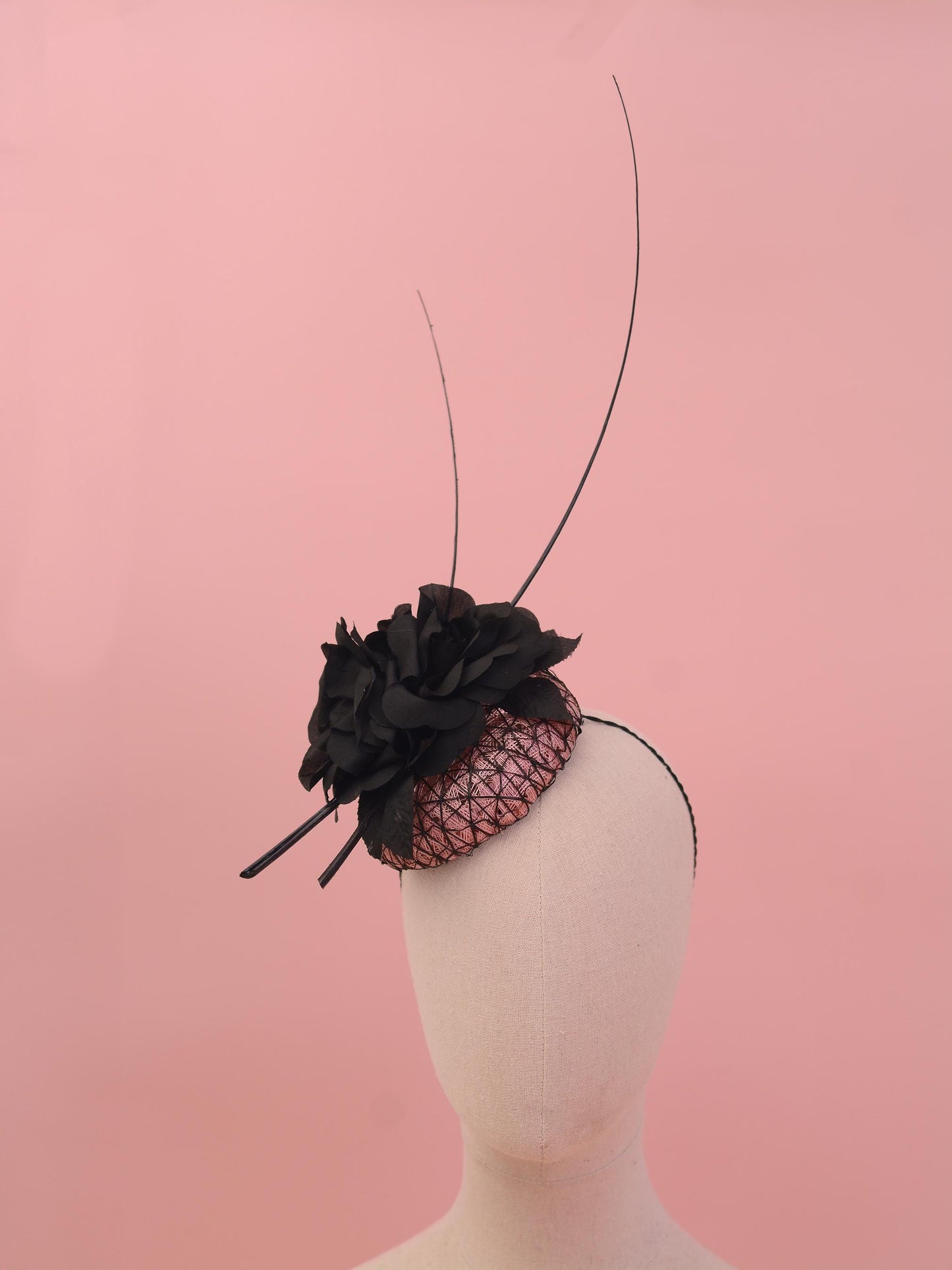 Black and Pink Button Fascinator with Black Roses and Feather Trim