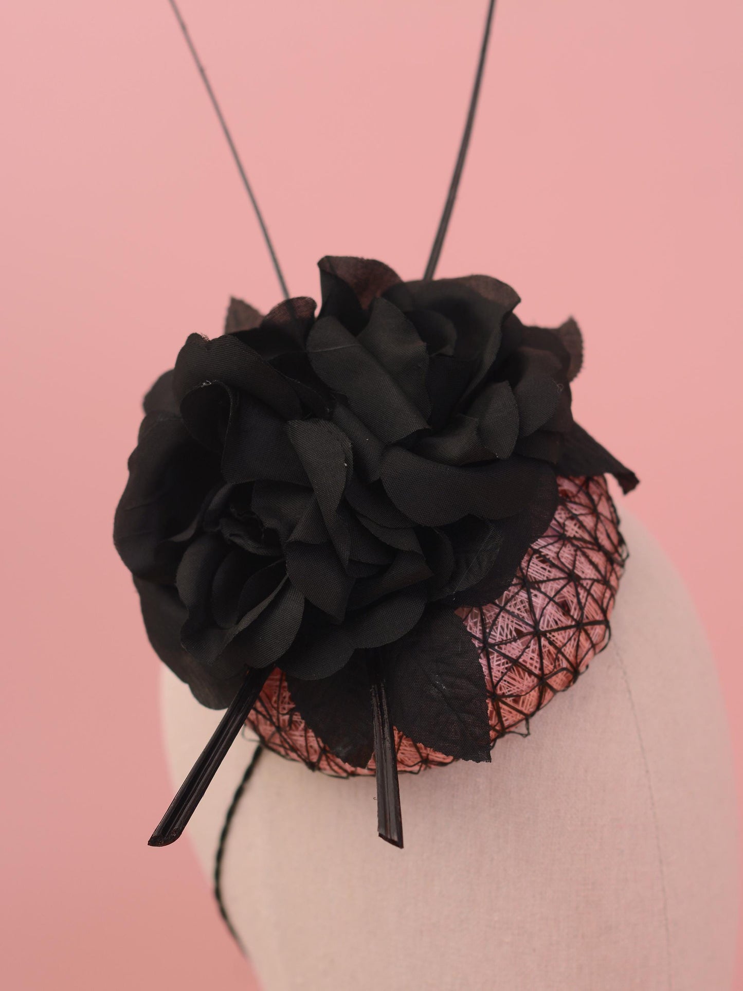 Black and Pink Button Fascinator with Black Roses and Feather Trim