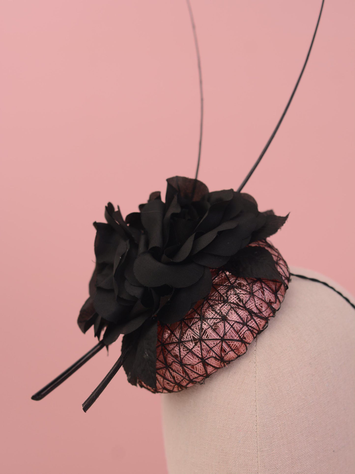 Black and Pink Button Fascinator with Black Roses and Feather Trim