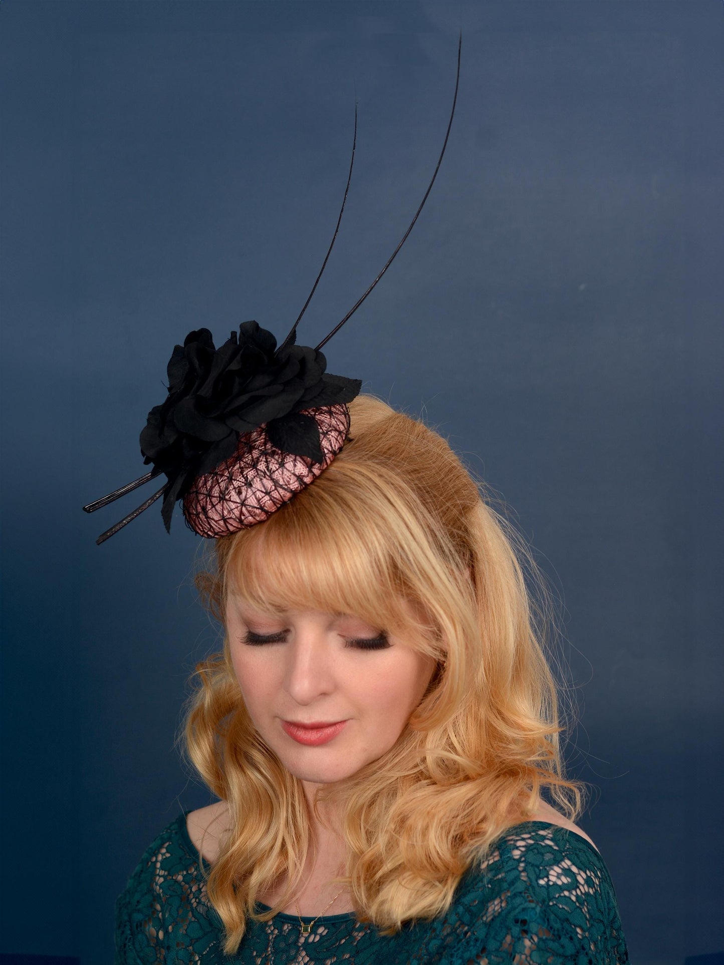 Black and Pink Button Fascinator with Black Roses and Feather Trim