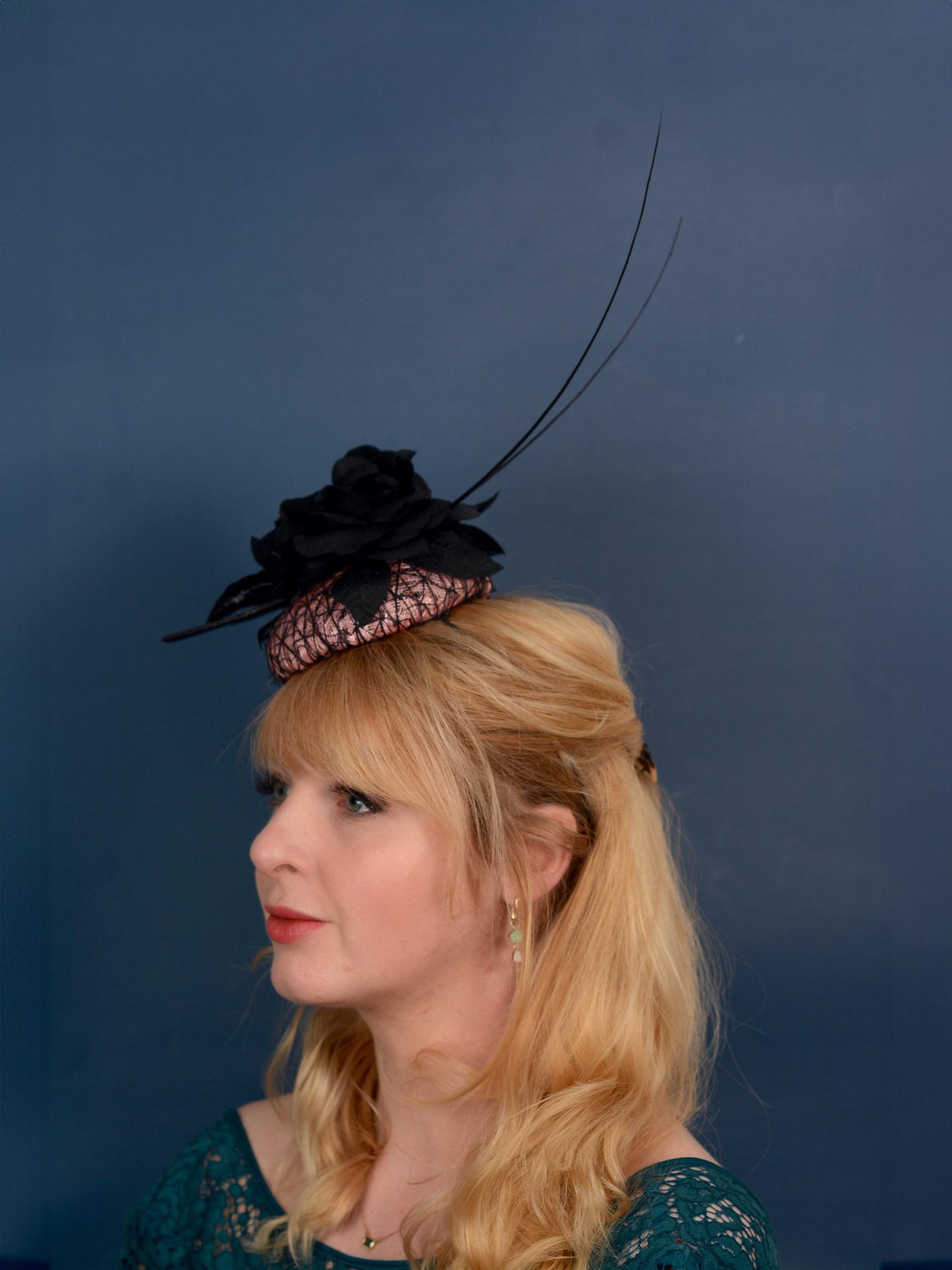 Black and Pink Button Fascinator with Black Roses and Feather Trim
