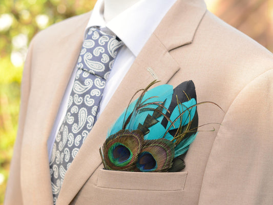 Teal, Green and Black Peacock Feather Pocket Square No.246 | Suit Accessory | Feather Neck Tie | Grooms Outfit | Groomsmen Gift