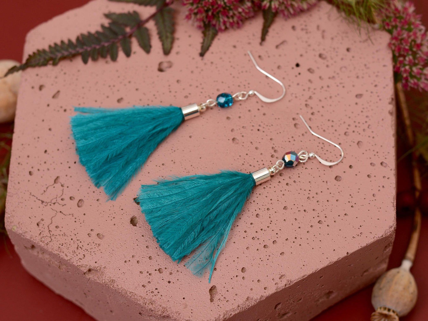 Teal Turquoise Ostrich Feather Tassel Long Earrings | Festival Earrings | Feather Jewellery | Festival Jewellery | Long Earrings