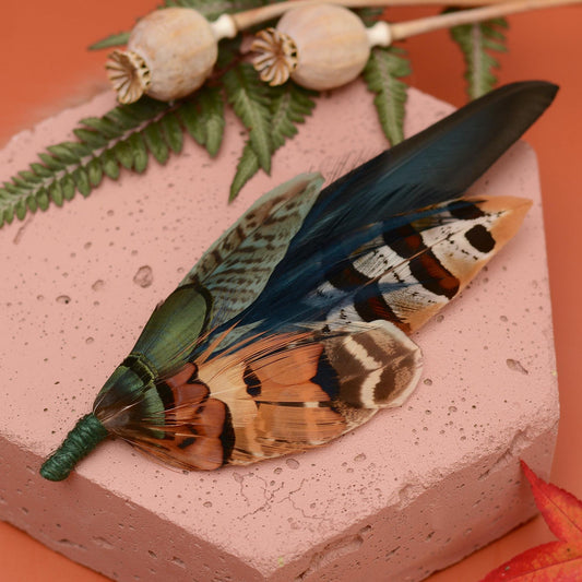 Pheasant Feather Hat Pin Brooch in Green and Copper No.301 | Unique Pheasant Feather Boutonniere