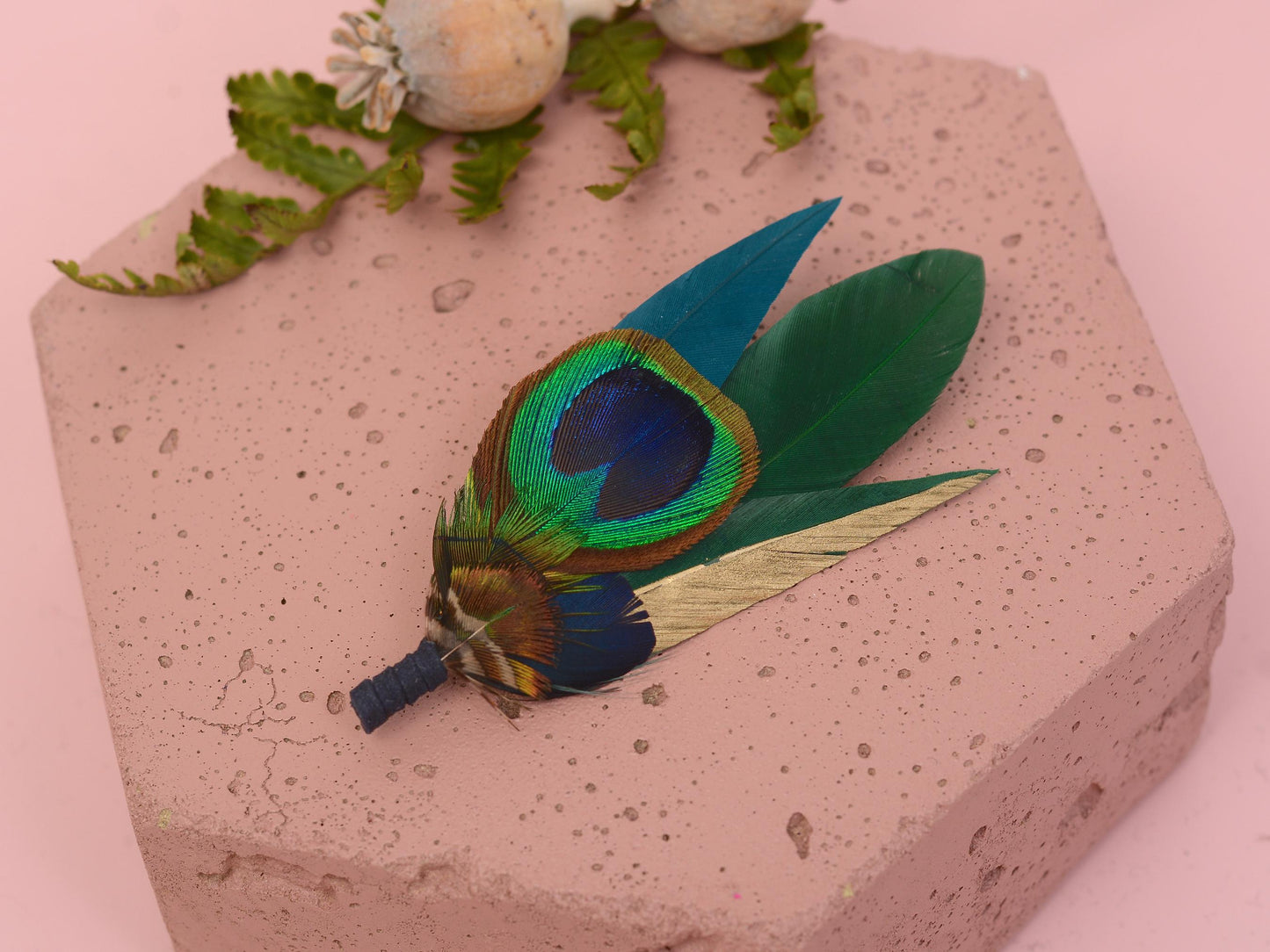 Peacock Gold and Green Feather Lapel Pin Small No.240 | Unique Peacock Feather Boutonniere | Pheasant Feather Brooch