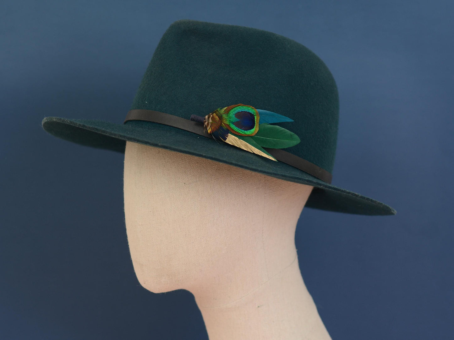 Peacock Gold and Green Feather Lapel Pin Small No.240 | Unique Peacock Feather Boutonniere | Pheasant Feather Brooch