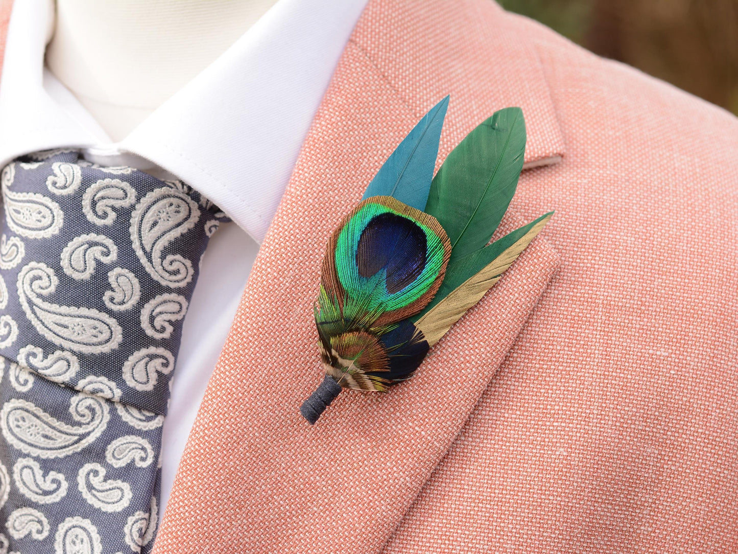 Peacock Gold and Green Feather Lapel Pin Small No.240 | Unique Peacock Feather Boutonniere | Pheasant Feather Brooch