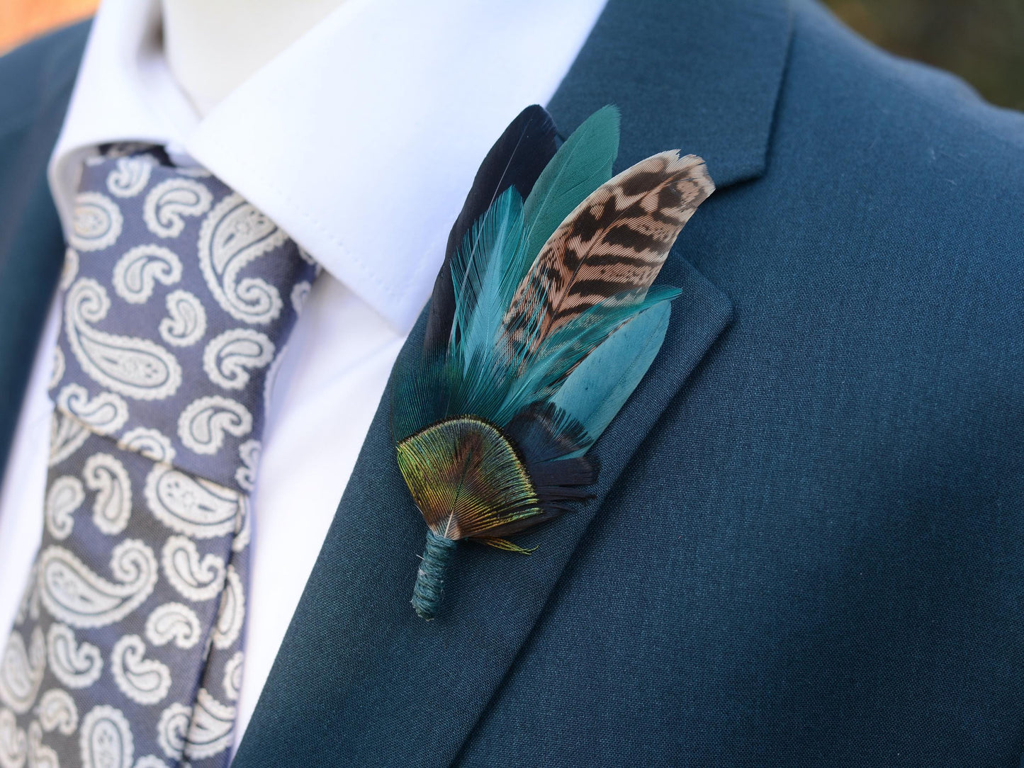 Green, Teal and Black Pheasant Feather Lapel Pin No.240 | Peacock Feather Hat Pin |Unique Pheasant Feather Brooch