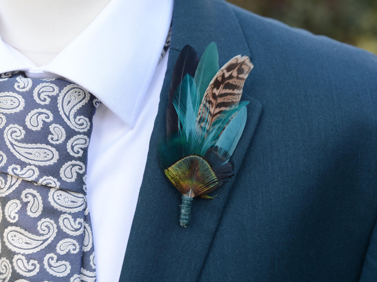 Green, Teal and Black Pheasant Feather Lapel Pin No.240 | Peacock Feather Hat Pin |Unique Pheasant Feather Brooch