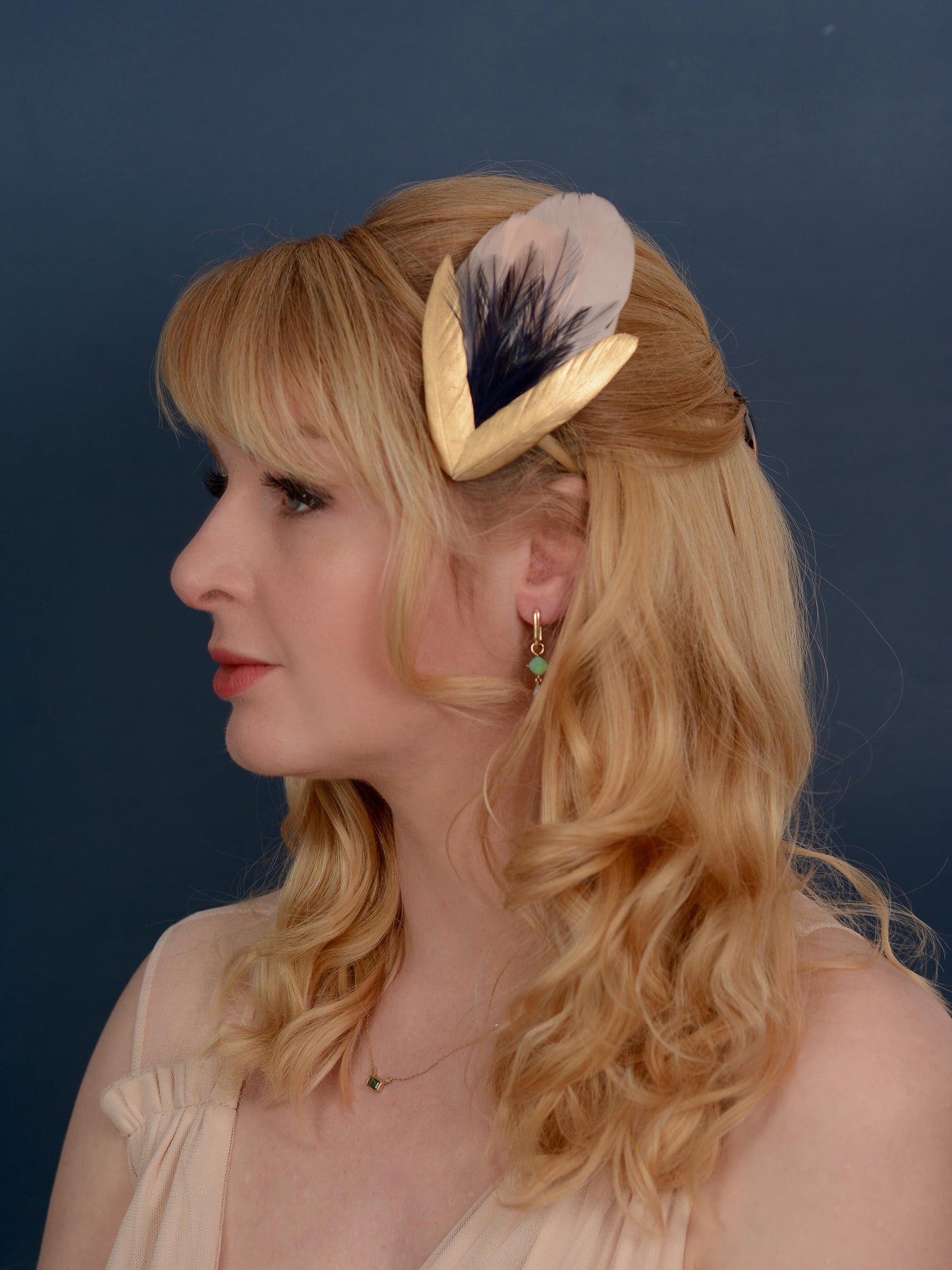 Feather Hair Clip in Peach Blush, Navy and Gold | Feather Fascinator | Feather Headpiece | Bridal Hair Clip | Bridal Headpiece | Bridesmaids