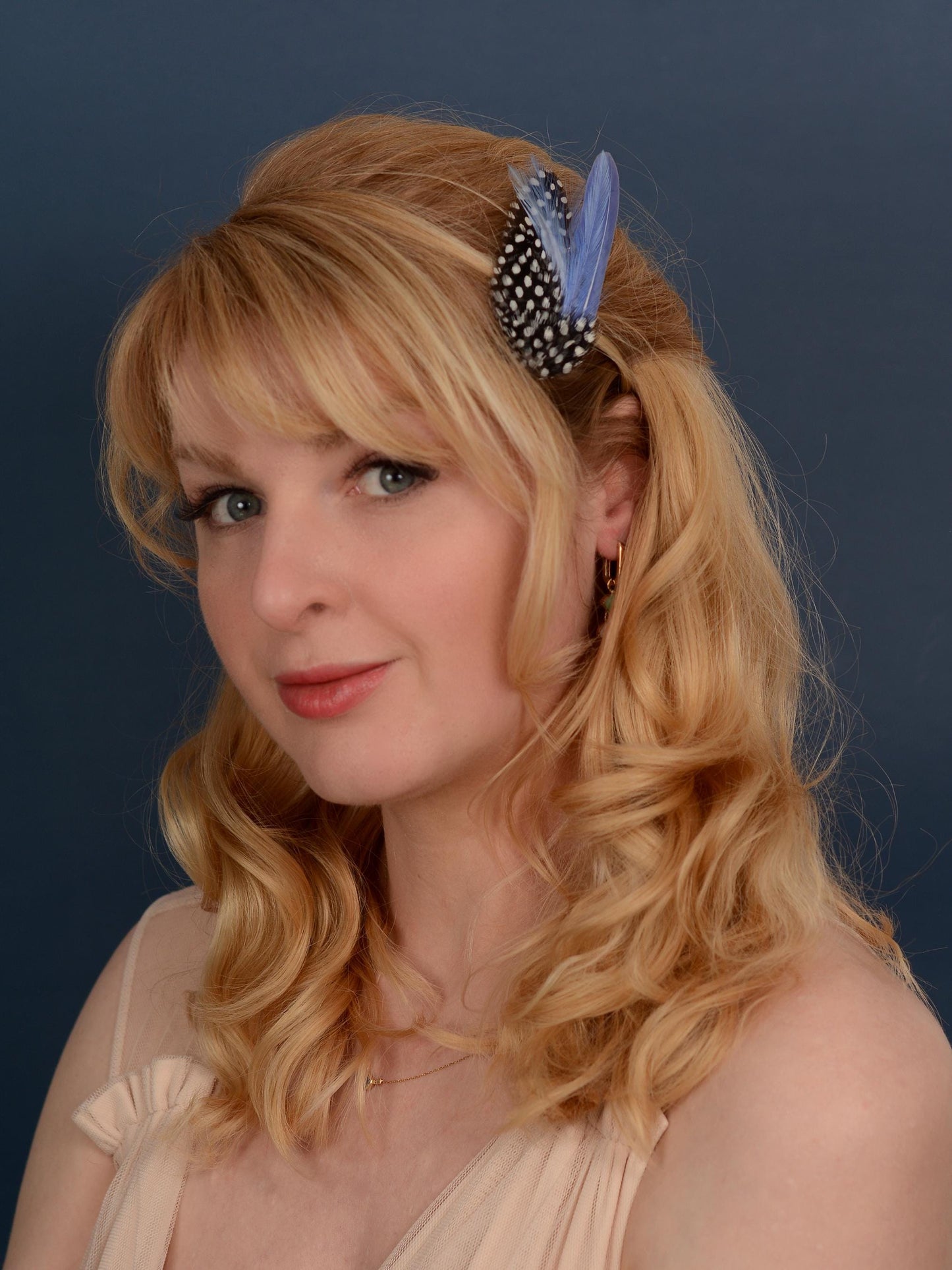 Feather Hair Clip in Cornflower Blue and Polka Dot | Blue Feather Hair Clip | Pastel Blue Feather Headpiece | Wedding Fascinator